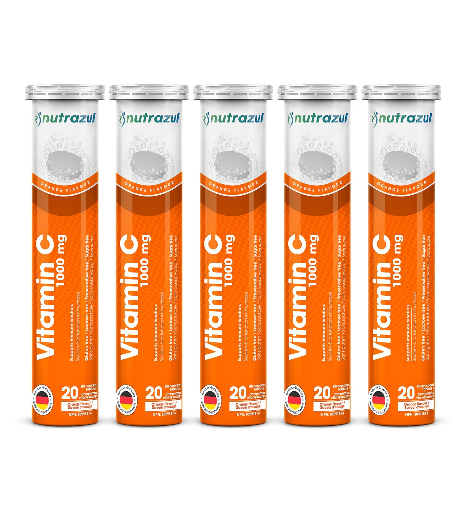Nutrazul Vitamin C 1000mg Effervescent Tablets - Orange (Pack of 5 X 20) | 100 Days Supply | Gluten Free Lactose Free Sugar Free & Preservative Free | Maintains Immune Function - Buy Online on GoSupps.com