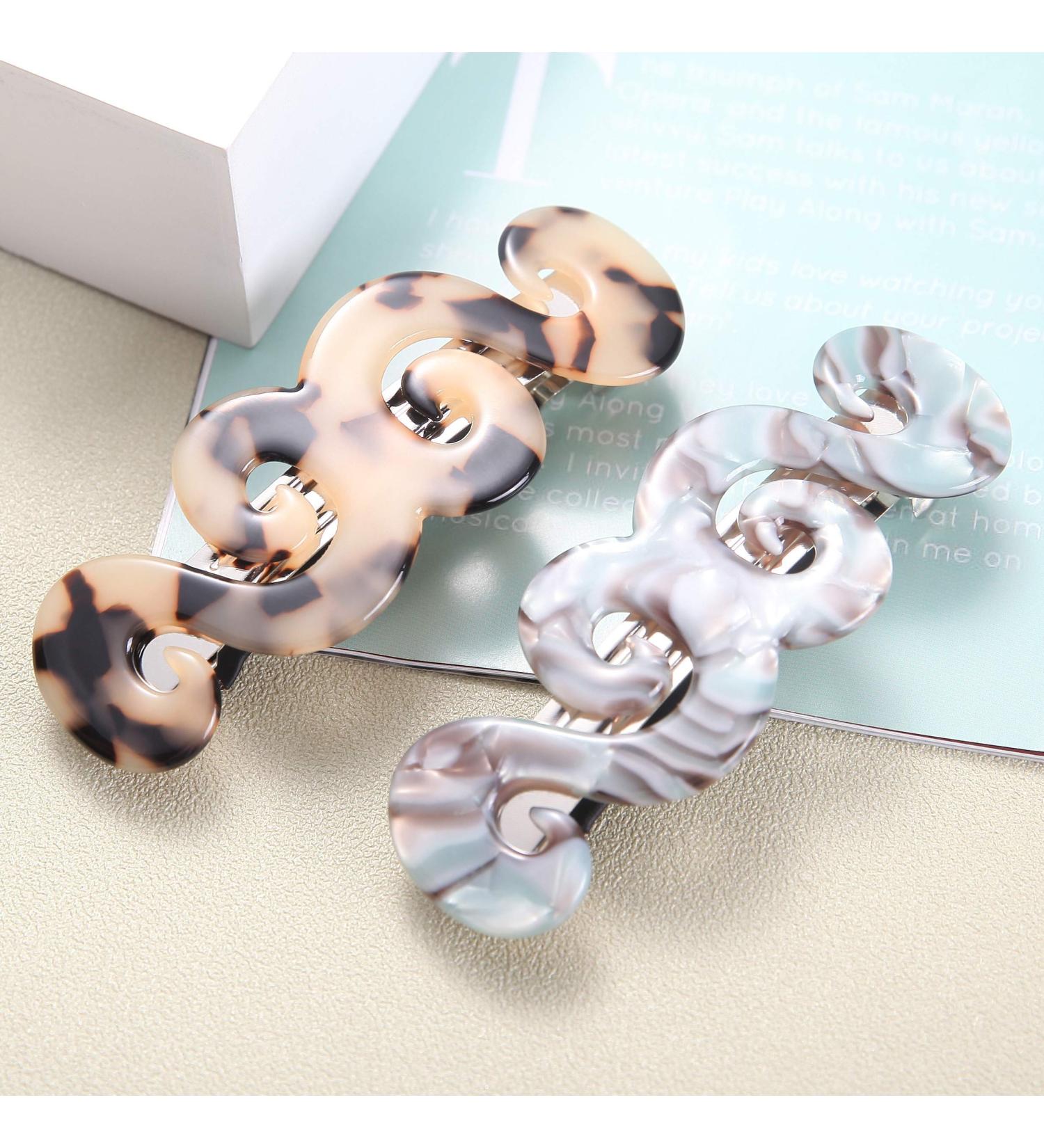 2pcs Women's Medium French Swirl Hair Barrettes Set - Blue+Light Tortoise | Celluloid Automatic Hair Clip Barrette - Buy Online on GoSupps.com
