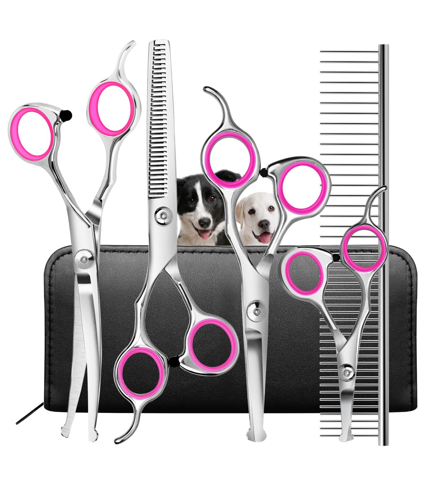 Round Tip Dog Grooming Scissors Kit - Titanium Coated Stainless Steel Set for Small Pet Cat Dog - Thinning/Straight/Curved Shears with Comb and Case in Pink - Buy Online on GoSupps.com