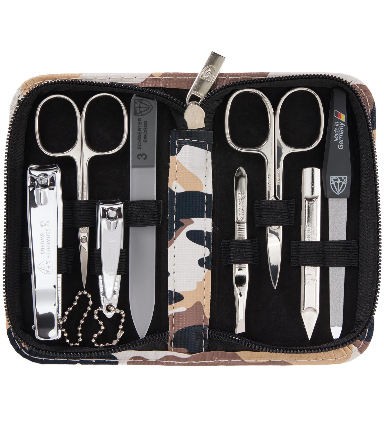 Three Swords Roma 8-Piece Manicure Set | High-Quality Nail Care in Camouflage Synthetic Leather Etui | Perfect Nail Scissors Clippers Tweezers & Glass Files - Buy Online on GoSupps.com