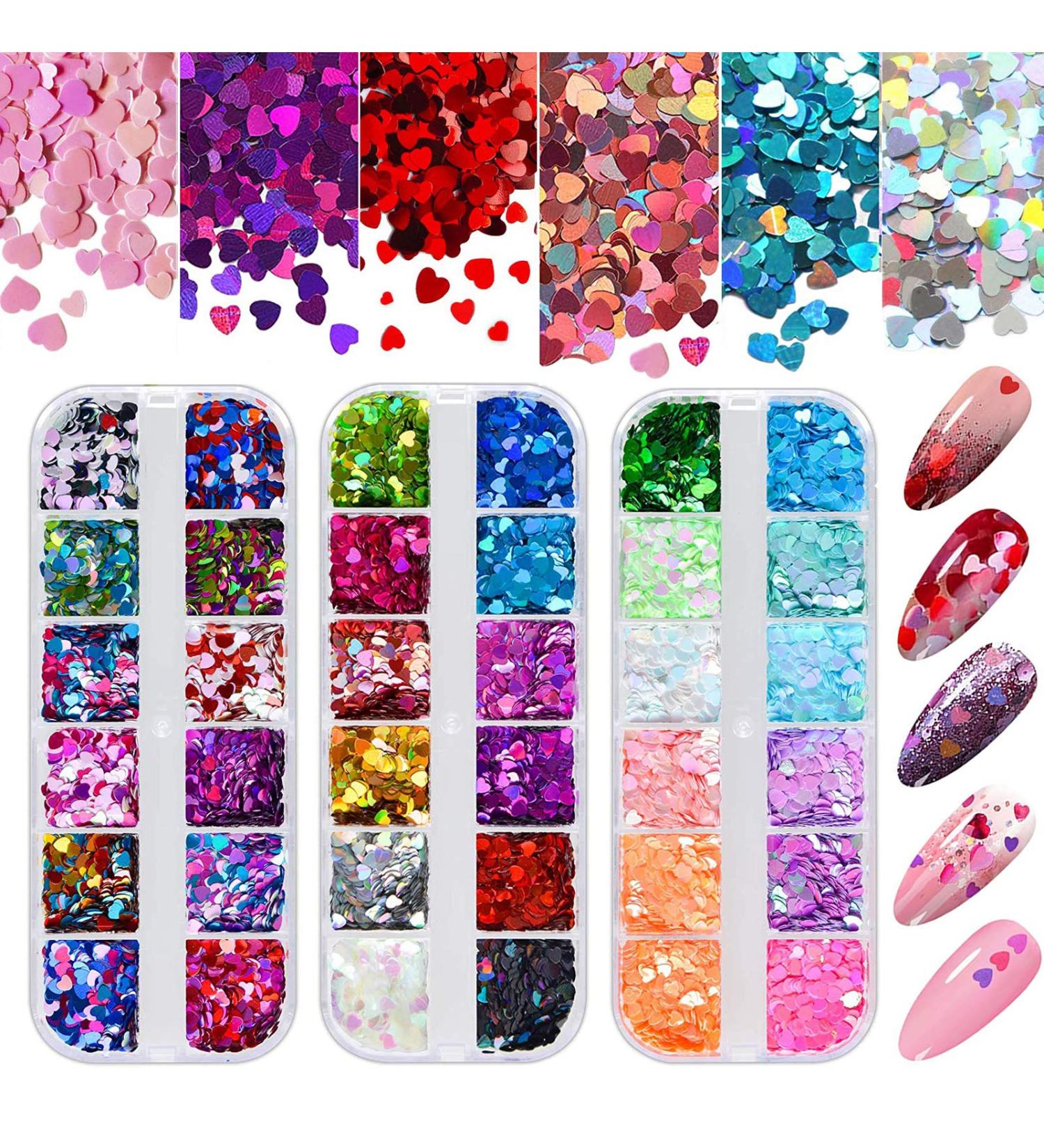 Kalolary 36 Boxes 3D Heart Nail Art Sequins Glitter - Colorful Holographic Sparkle for Valentine's Day Nail Art & Makeup - Buy Online on GoSupps.com