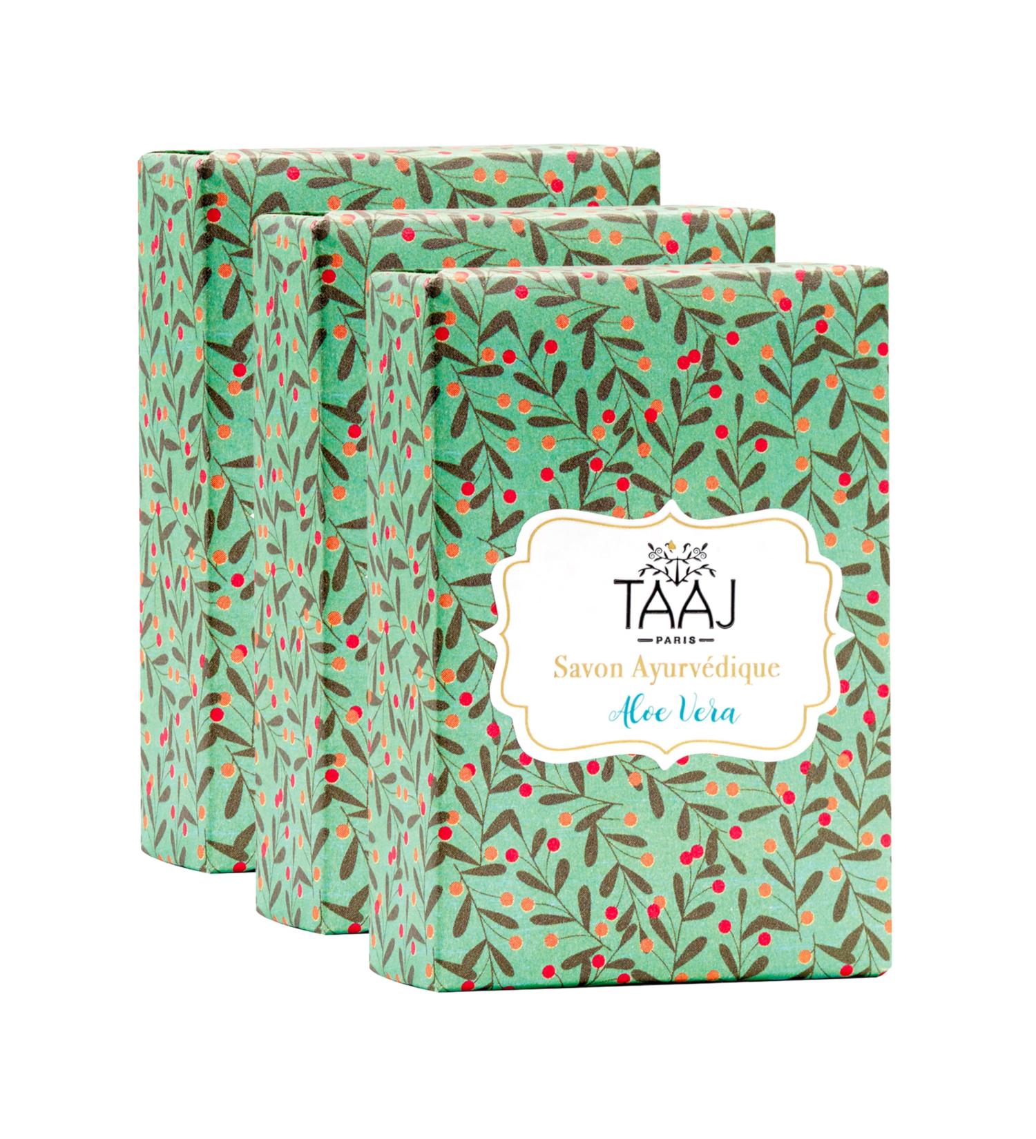  TAAJ TAAJ | Ayurvedic Soap with Aloe Vera | Gently Cleanses Skin | Maintains the Skin's Natural Balance | Soft and Supple Skin | Made in France | Vegan | Cruelty-Free | Pack of 3 x 100g - Buy Online on GoSupps.com