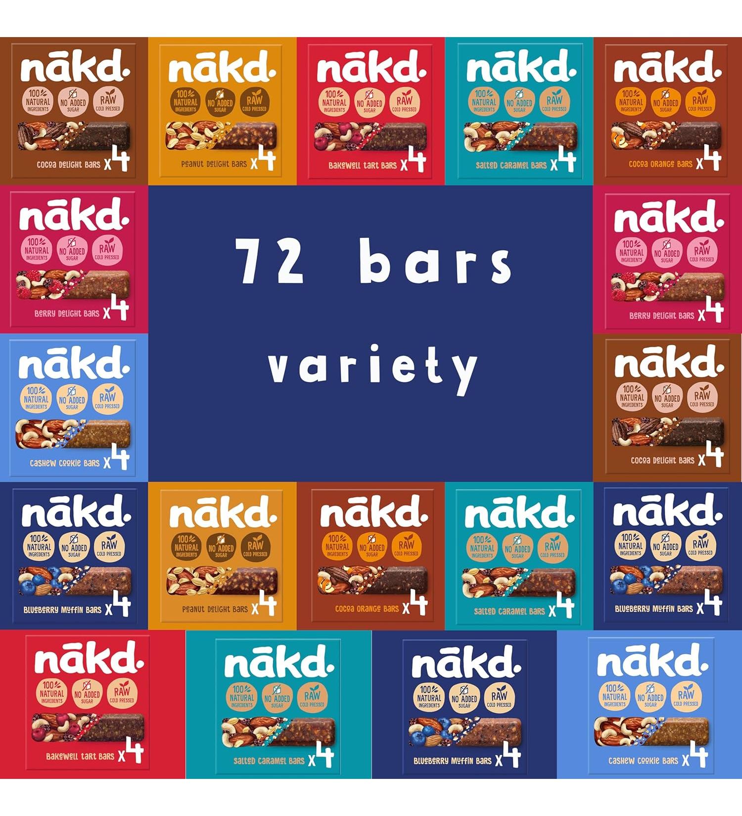 Nakd Bars 72 Nakd Fruit And Nut Bars 72 x 35g. Low Calorie Snacks, Breakfast, Snack Bars that are Vegan Dairy Free Wheat FreeGluten Free. - Buy Online on GoSupps.com