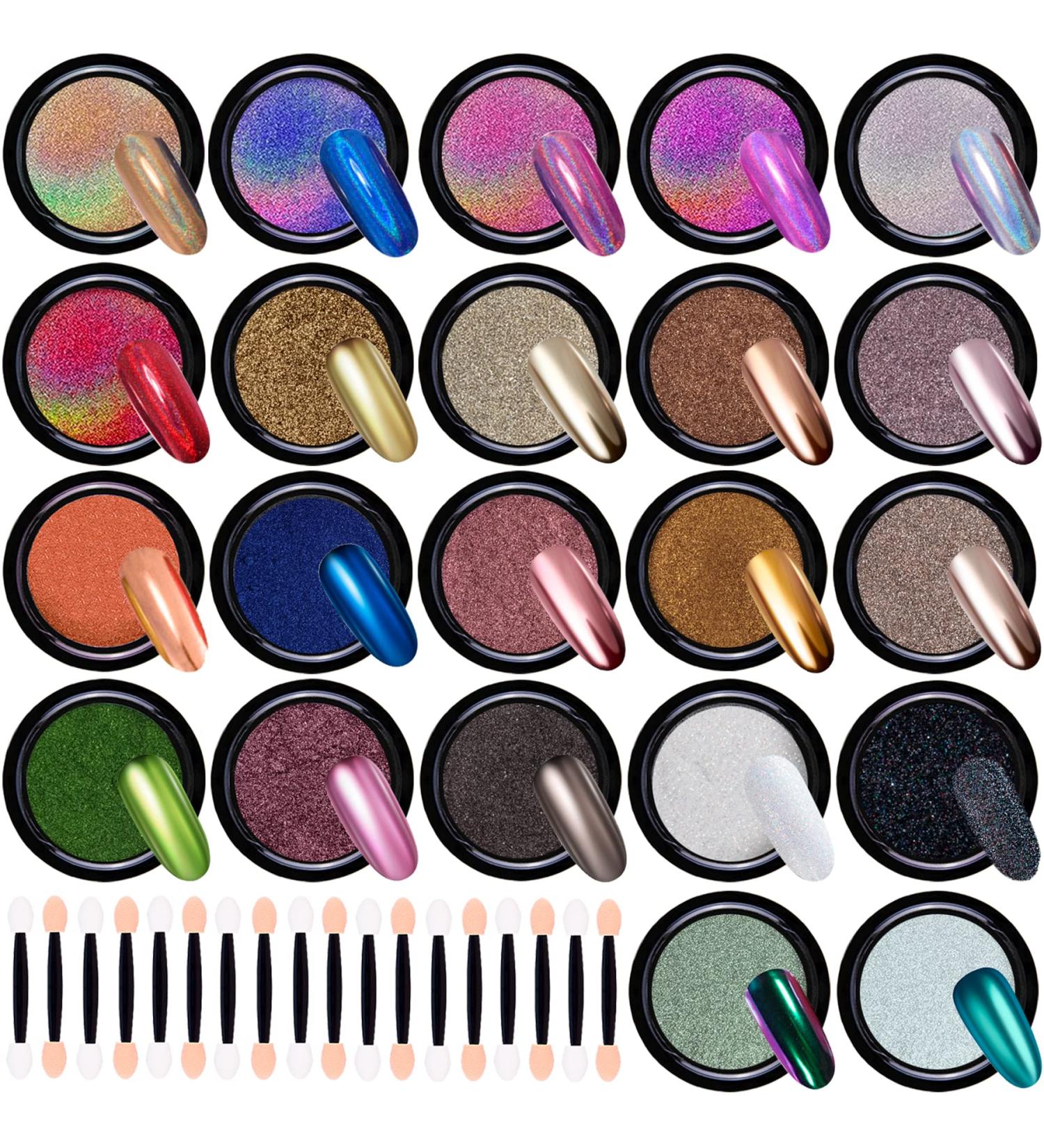 Duufin 22 Colors Chrome Nail Powder Set with 22 Eyeshadow Sticks - Metallic Mirror Effect, Holographic Aurora Powder for Nail Art - 1g/Jar - Buy Online on GoSupps.com