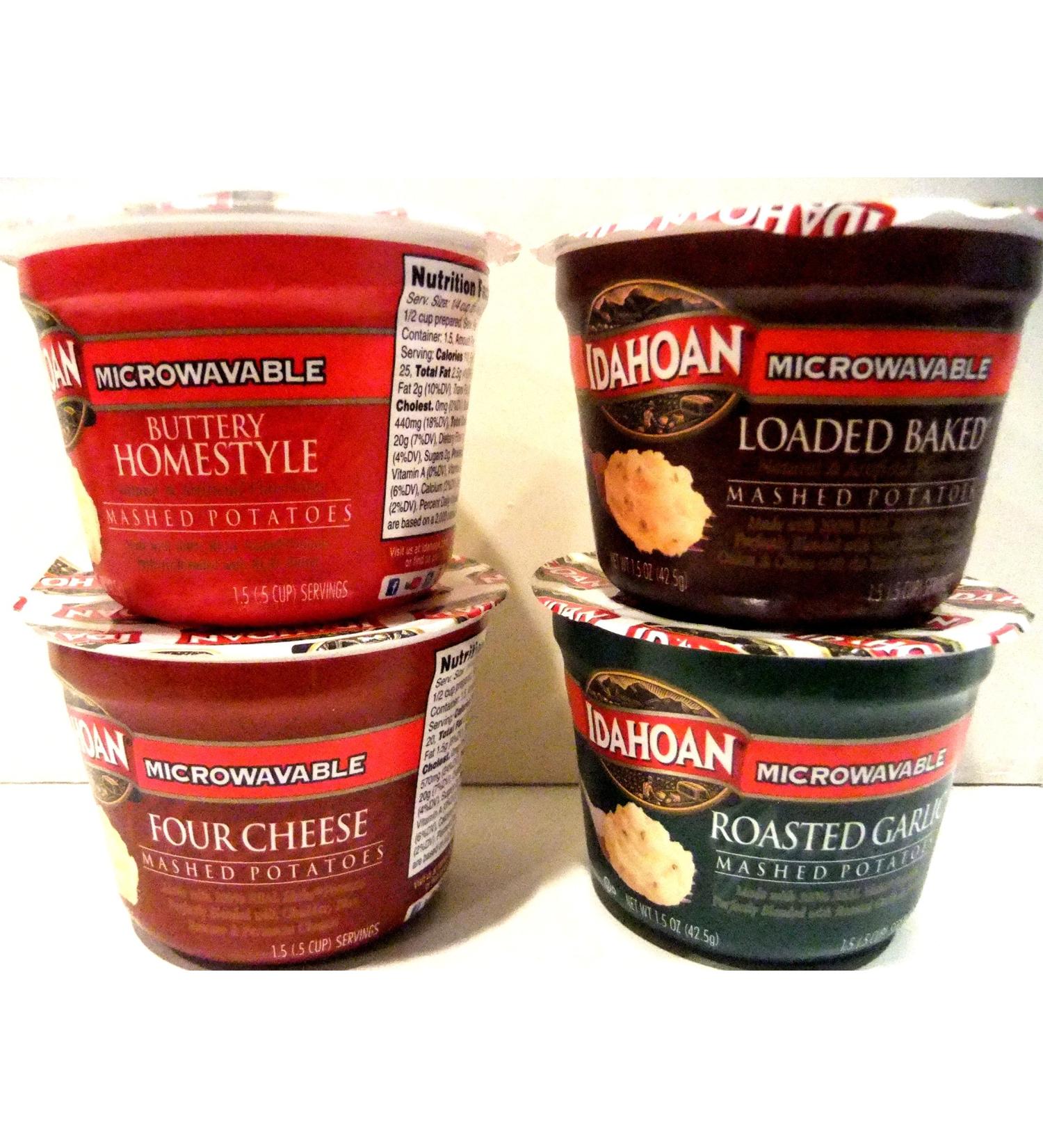 Idahoan Mashed Potatoes Microwavable Single Serve Cups VARIETY 8 PACK + FREE Pack of Heavy Duty Plastic Utensils. 2 Cups each of BUTTER HOMESTYLE, FOUR CHEESE, ROASTED GARLIC, LOADED BAKED (1.5 oz)