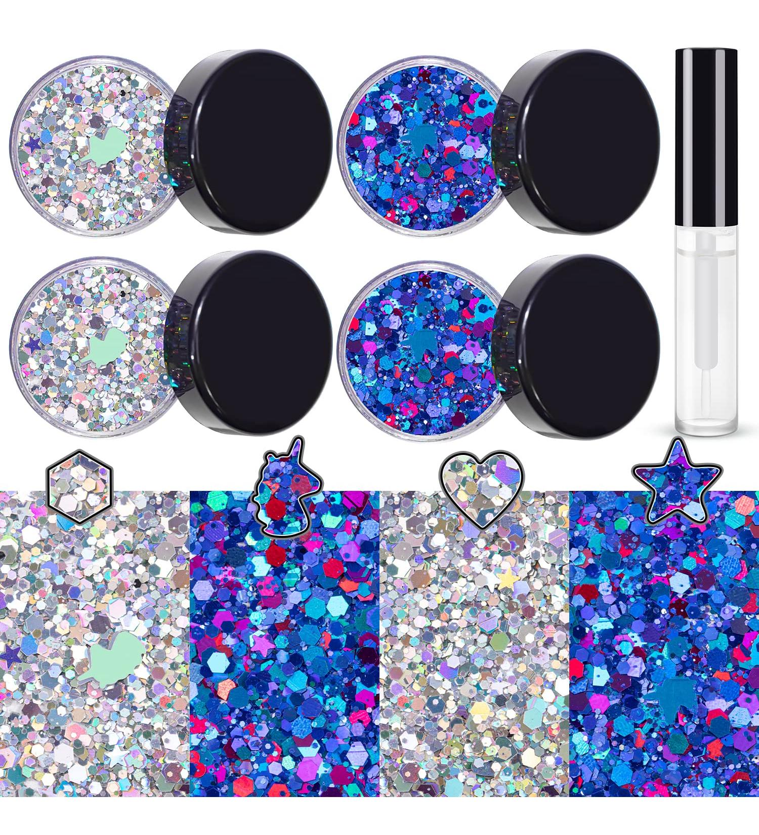 Buy Silver & Purplish Blue Holographic Chunky Glitter - 4 Pots 32g | Festival & Rave Accessories with Quick Dry Primer Glue Gel - Buy Online on GoSupps.com