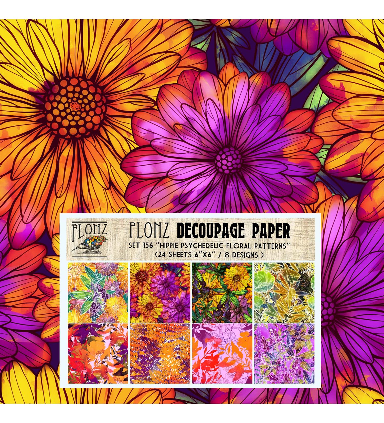 Decoupage Paper Pack (24 Sheets 6"x6") Hippie Psychedelic Floral Patterns FLONZ Vintage Styled Seamless Pattern Paper for Decoupage, Craft and Scrapbooking One