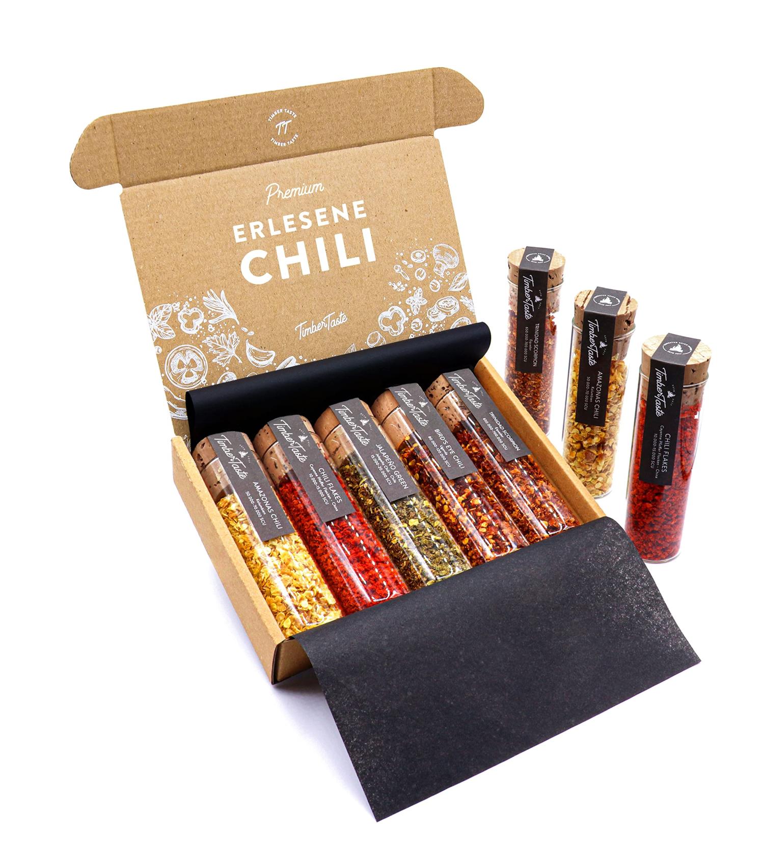 Timber Taste Sharp Chilli Spices Gift Set | 5 Handpicked Chilis | Up to 700 000 Scoville | Unique Hot Chili Gift for Men & Women - Perfect for Birthdays - Buy Online on GoSupps.com