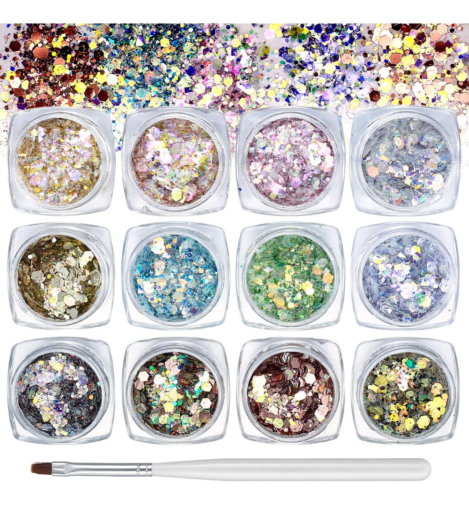 12 Colors Holographic Nail Glitter & Makeup Sequins - Glitter Powder for Face Hair & Body Decoration | Festival Essentials with Brush - Buy Online on GoSupps.com