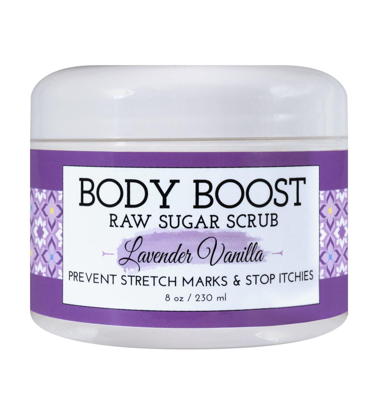 Body Boost Lavender Vanilla Raw Sugar Scrub 8 oz - for Dry Skin, Stretch Marks & Scars - Pregnancy Safe - Vegan & Allergen Free - Buy Online on GoSupps.com