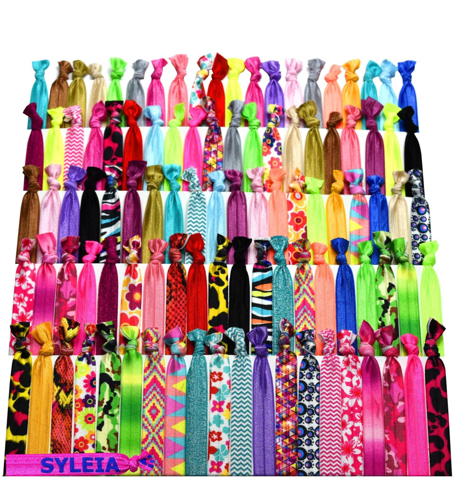 Syleia Hand-Knotted Hair Ties Set - 100 Pieces for All Hair Types | No Crease, Printed & Solid Colors - Buy Online on GoSupps.com