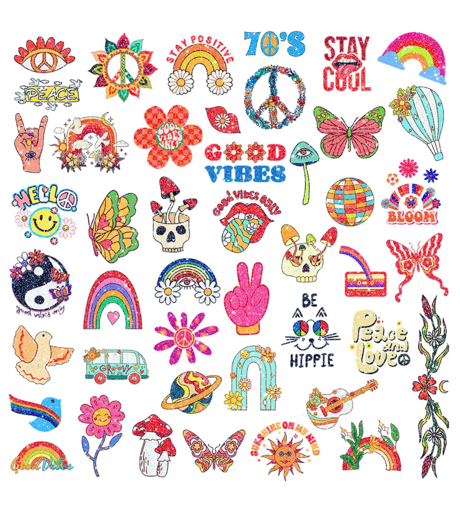 20 Sheets FANOST Glitter Hippie Temporary Tattoos for Kids - Assorted Groovy 70s Love and Peace Designs - Waterproof Fake Tie Dye Tattoos for Girls - Party Favors - Buy Online on GoSupps.com