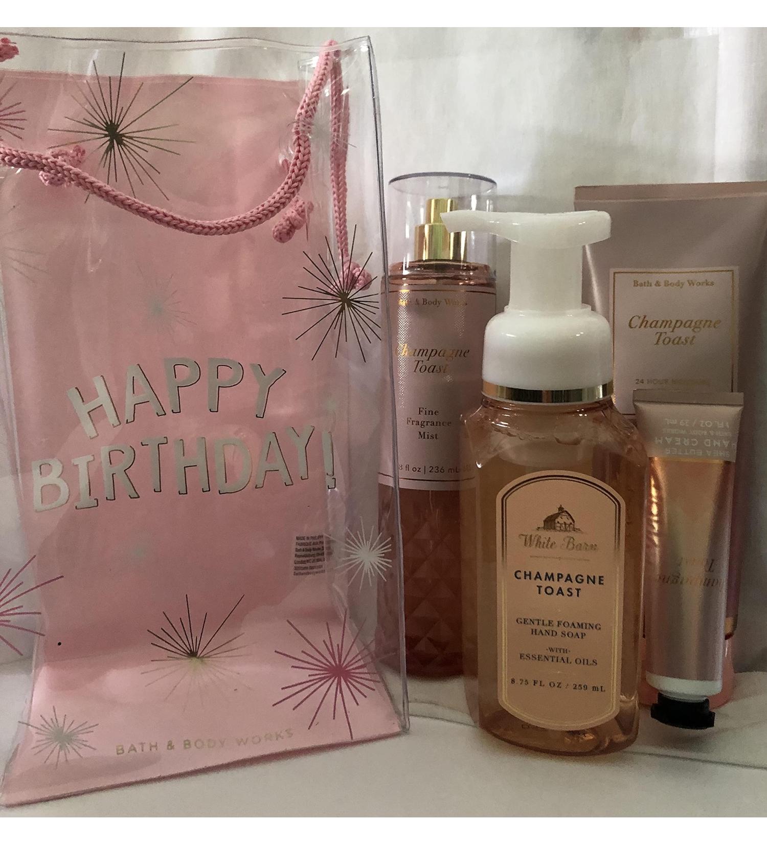 Bath and Body Works Happy Birthday Champagne Toast Gift Bag Set Full Size Body Cream Fragrance Mist Gentle Foaming Soap and Hand Cream