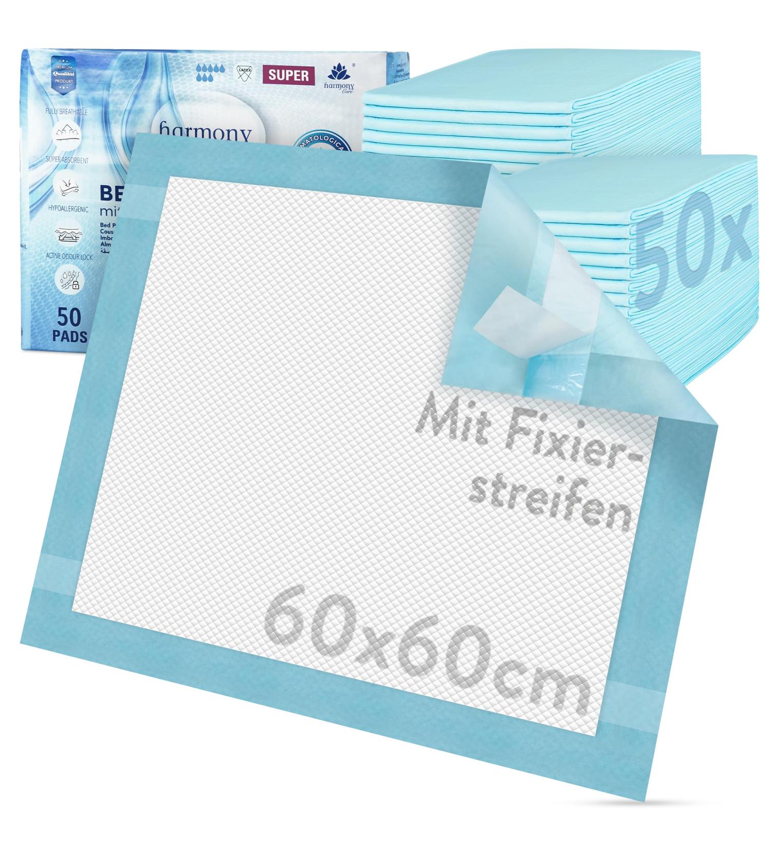 Harmony Care Incontinence Bed Pads - 50 Disposable 60x60 cm Non-Slip with Fixing Strips | International Shipping Available - Buy Online on GoSupps.com