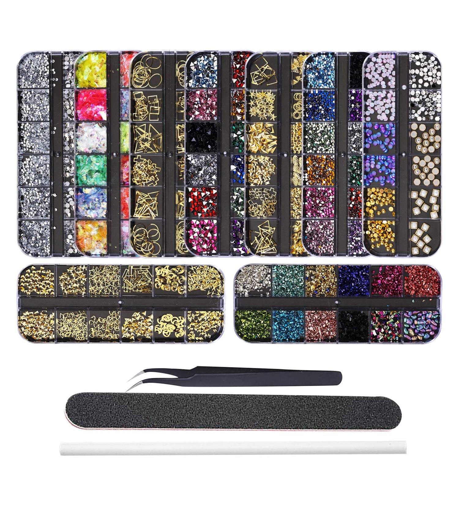 Ebanku 9 Boxes Nail Art Rhinestone Glitter - Nail Crystals & Back Gemstones Decoration Set with Tweezers & Nail File for Stunning Nail Designs - Buy Online on GoSupps.com