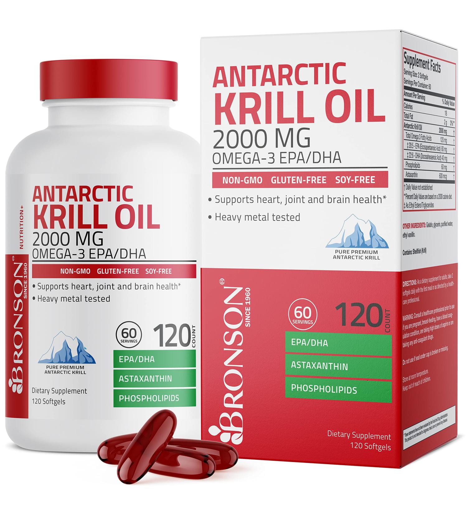 Bronson Antarctic Krill Oil 2000mg with Omega-3s EPA, DHA, Astaxanthin - 120 Softgels (60 Servings) - Buy Online on GoSupps.com