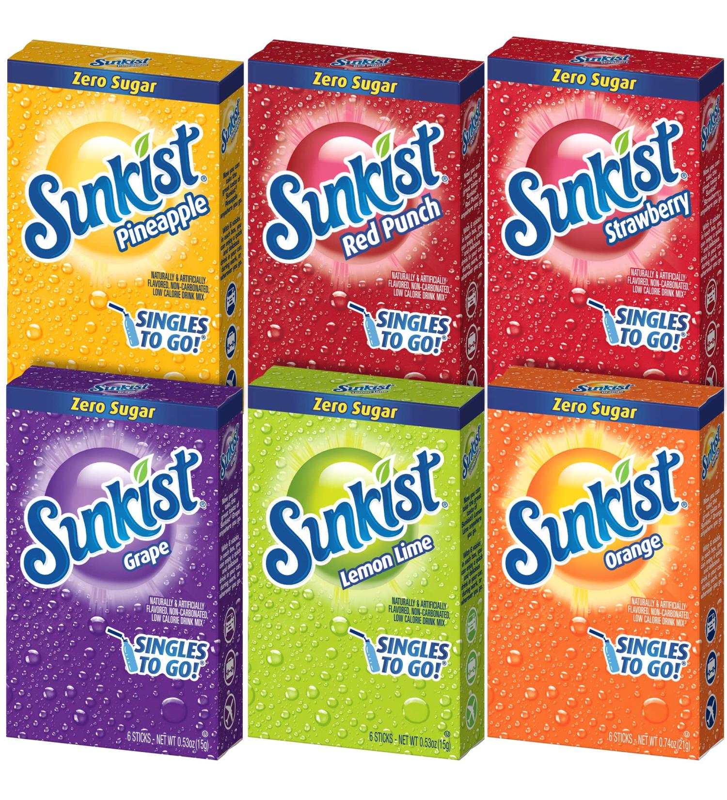 Sunkist Singles to Go Drink Mix Variety Pack - Orange, Grape, Pineapple, Lemon Lime, Strawberry, Red Punch - 6 Pack, 1 CT - Buy Online on GoSupps.com