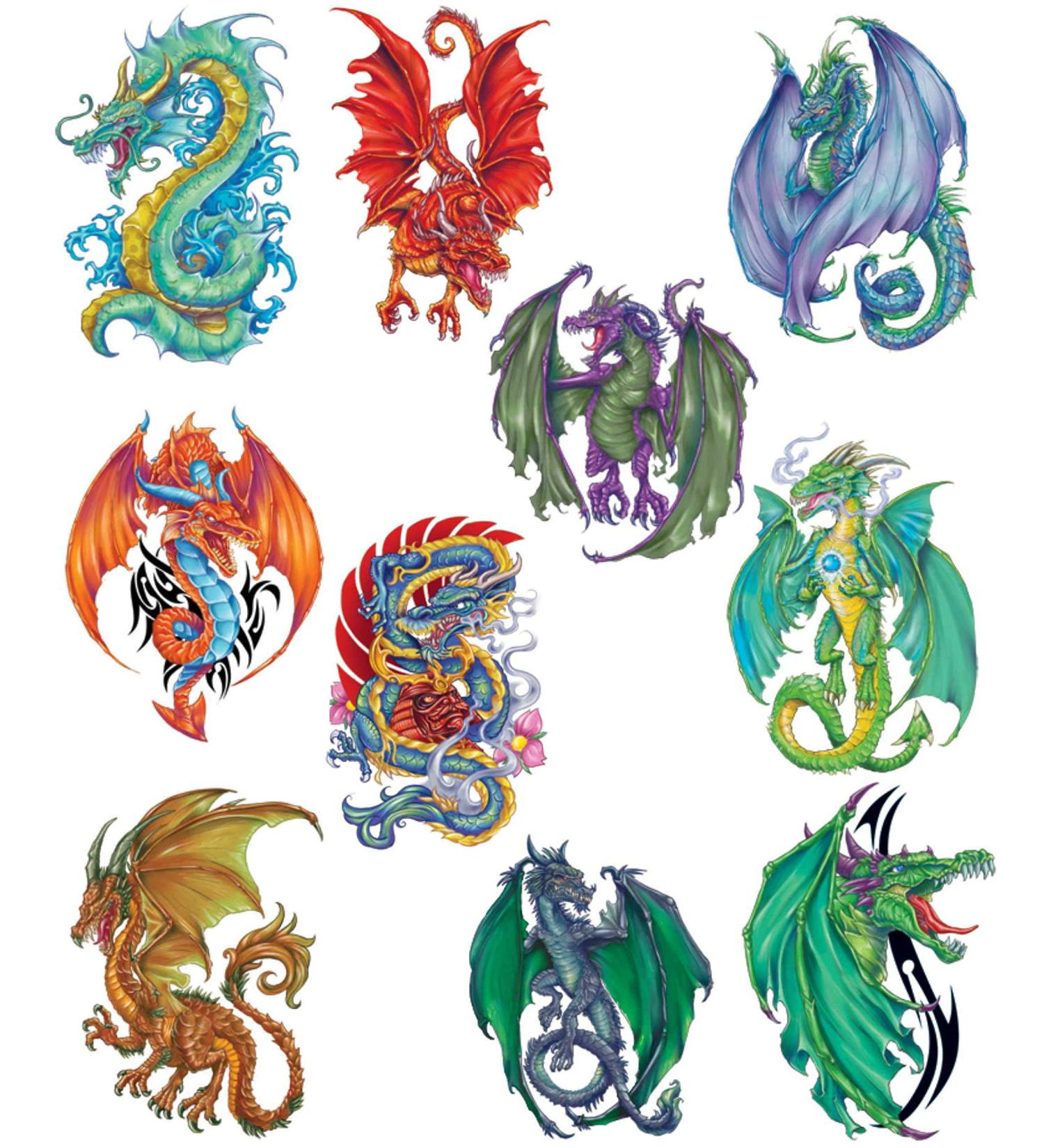 Fantasy Dragons Temporary Tattoos - Set of 10 Colorful Dragon Designs - Buy Online on GoSupps.com