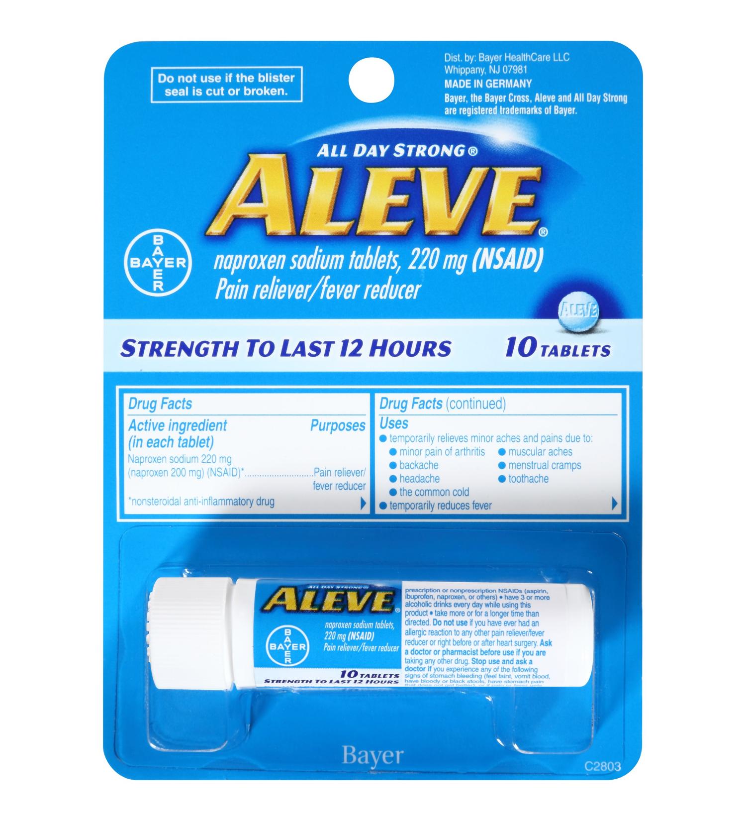 Aleve Tablets, Naproxen Sodium 220 mg (NSAID), Pain Reliever/Fever Reducer, Travel Size, 10 Count