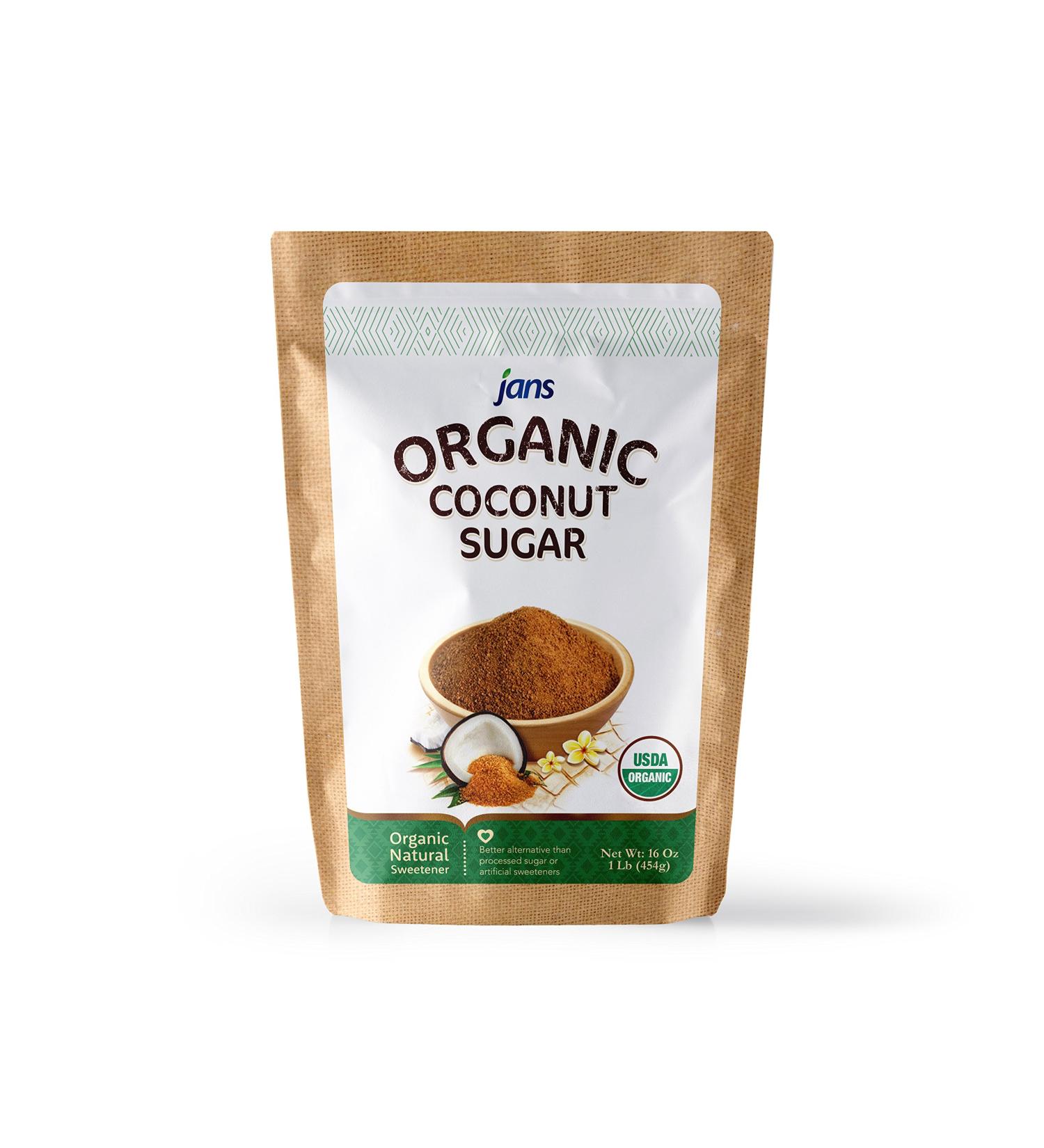 Jans Organic Coconut Sugar 16 oz - Gluten-Free, Certified Organic & Non-GMO - Low Glycemic, Paleo & Vegan Friendly - 1lb Pack - Buy Online on GoSupps.com