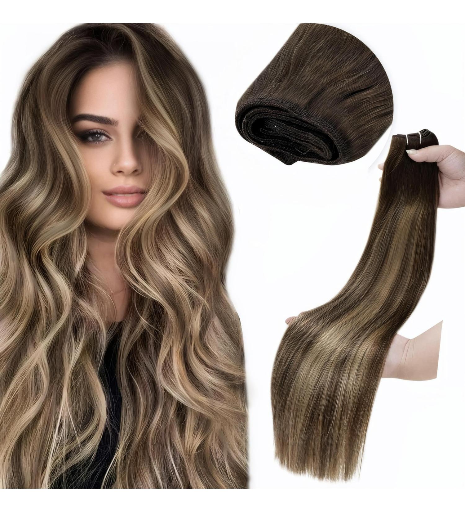 LAAVOOGAGE Real Hair Extensions - Dark Brown Ombre Caramel Blonde Remy Sew-in Tresses 100g #4/27/4 45cm - Buy Online on GoSupps.com
