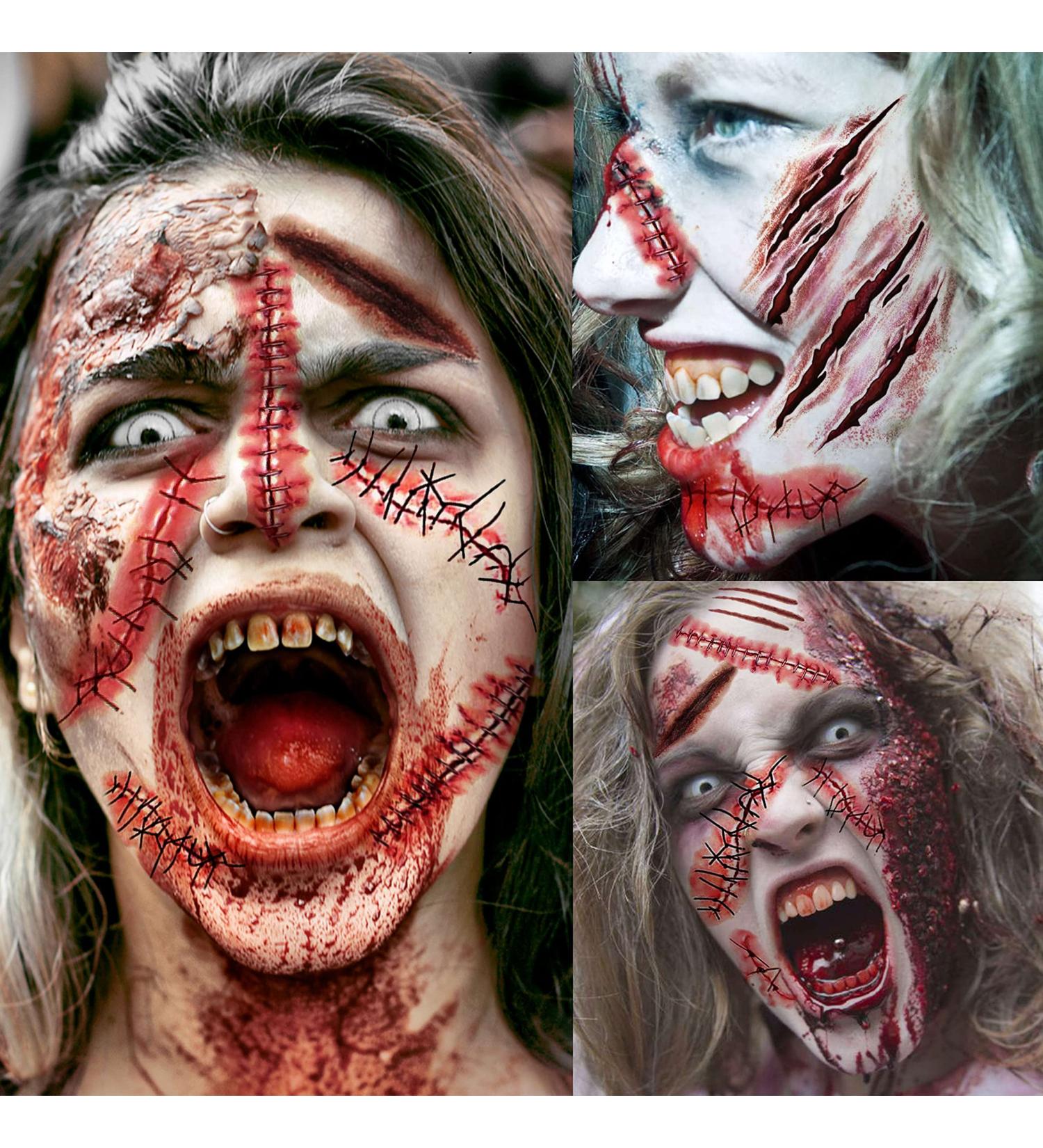 EGMBGM 128+ PCS Halloween Fake Stitches Temporary Tattoos Kit | 3D Zombie Makeup for Adults & Kids | Scary Chucky Scars & Blood Face Stickers - Buy Online on GoSupps.com