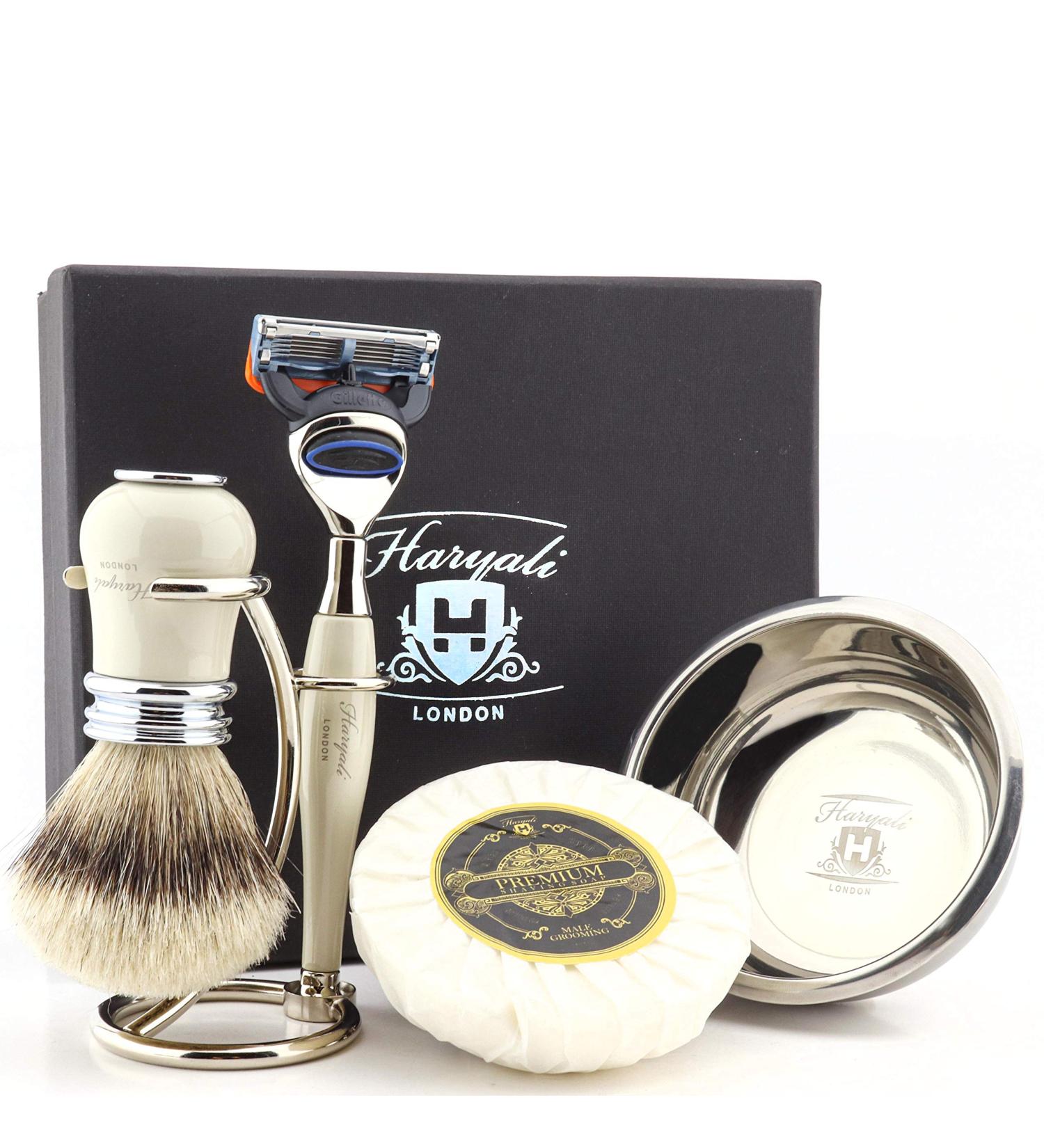 Buy Haryali London Classic Men's Shaving Set - 5 Razors Silver Tip Brush Stand Soap & Bowl | Premium Shaving Essentials - Worldwide Shipping - Buy Online on GoSupps.com