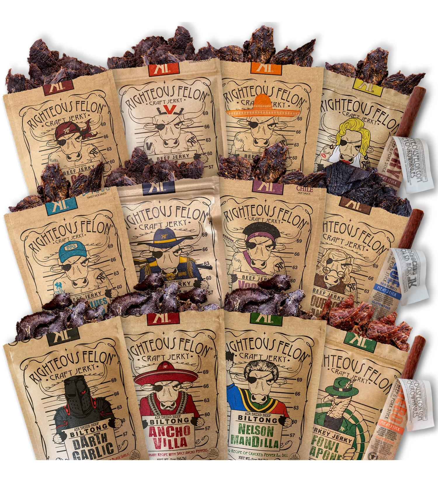 Righteous Felon Beef Jerky Variety Pack - Gluten Free, High Protein Sampler with Low Sugar & Calories - Healthy Snacks Bundle - Buy Online on GoSupps.com