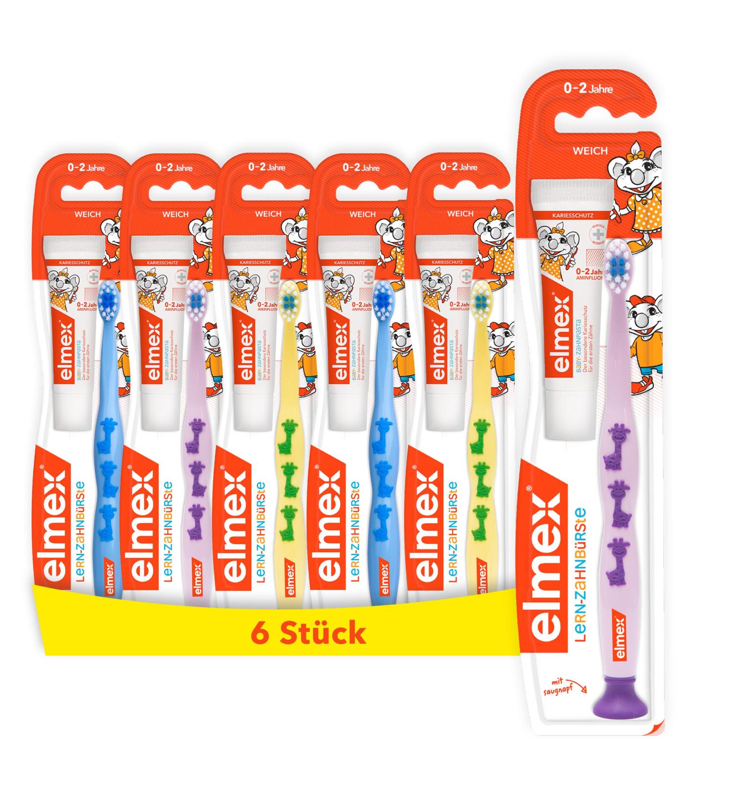Elmex Learning Toothbrush Set for 0-2 Years - 6 Soft Bristle Brushes with Ergonomic Handle for Gentle Baby Tooth Care - Buy Online on GoSupps.com