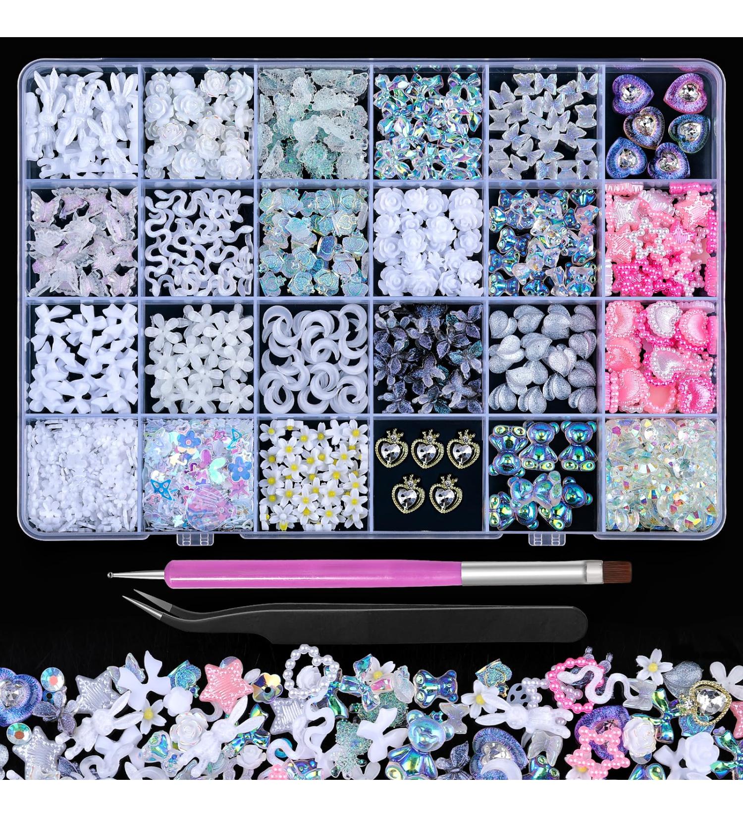 3D Acrylic Nail Charms Kit - Flower Butterfly & Gummy Bear Jewelry | Heart Shaped Flatback Rhinestones | Nail Art Decor with Picker Tools (24 Grids White - Buy Online on GoSupps.com