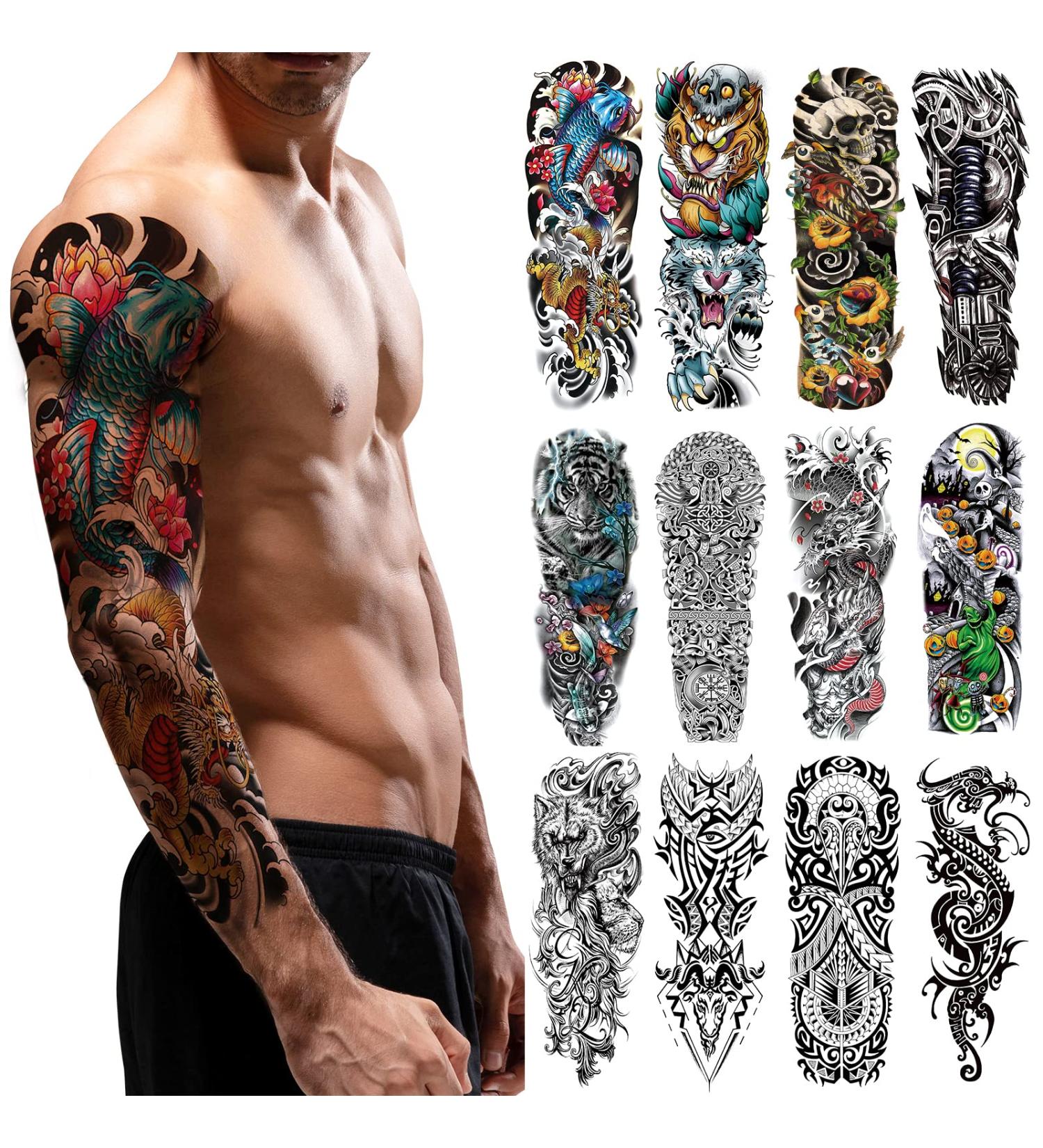 PUNKTUM Temporary Tattoos for Men and Teens - 12 Sheets of Realistic Full Arm Sleeve Tattoos for Halloween - Waterproof and Long Lasting - L19xW7 - Man-12 - Buy Online on GoSupps.com