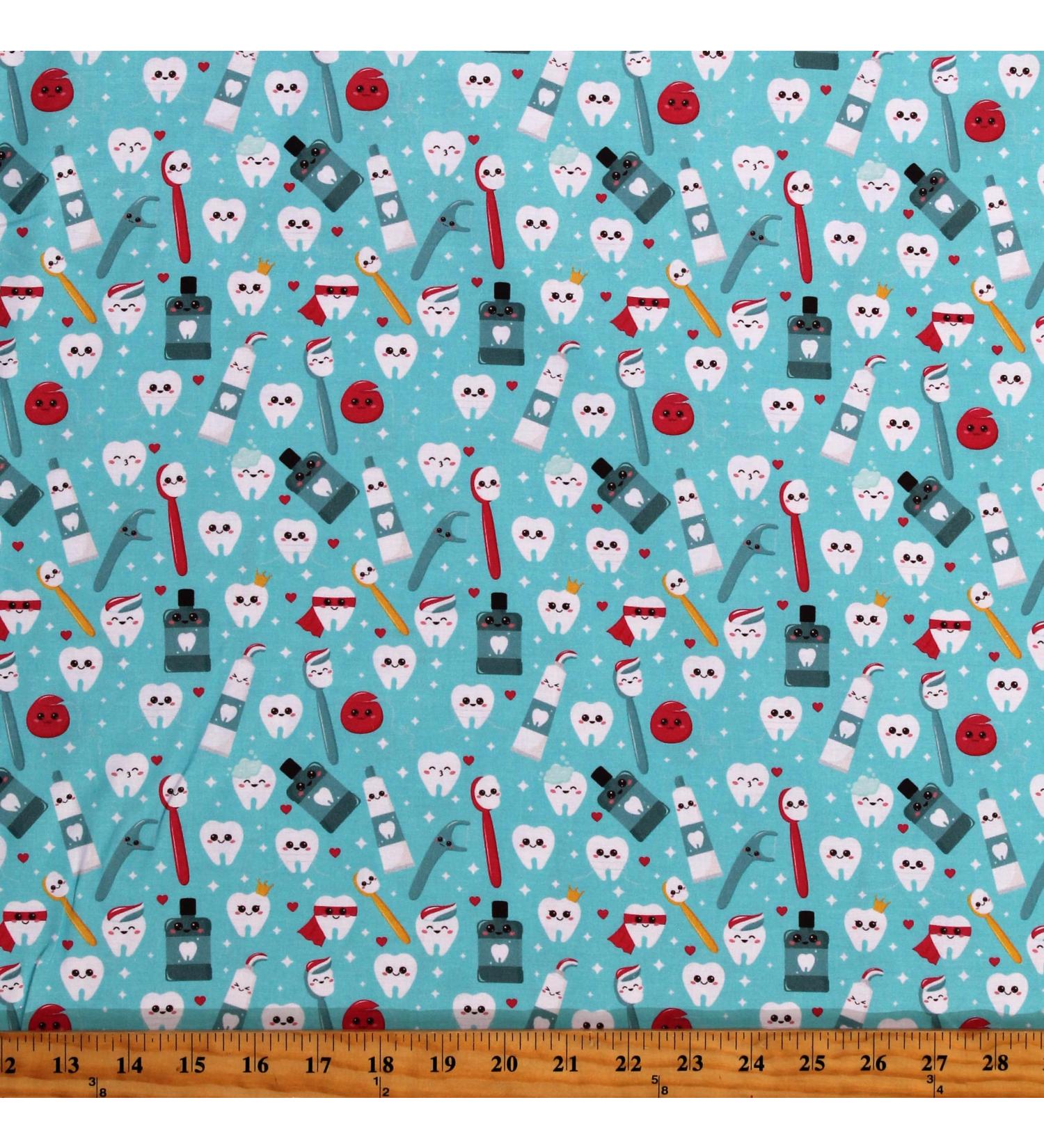 MOOK FABRICS Cotton Dental Happy Teeth Aqua Toothpastes Toothbrushes Dental Floss Mouthwash Superheroes Superhero Crown Tooth Teeth Molars Stars Hearts Aqua Cotton Fabric Print by The Yard (130672)