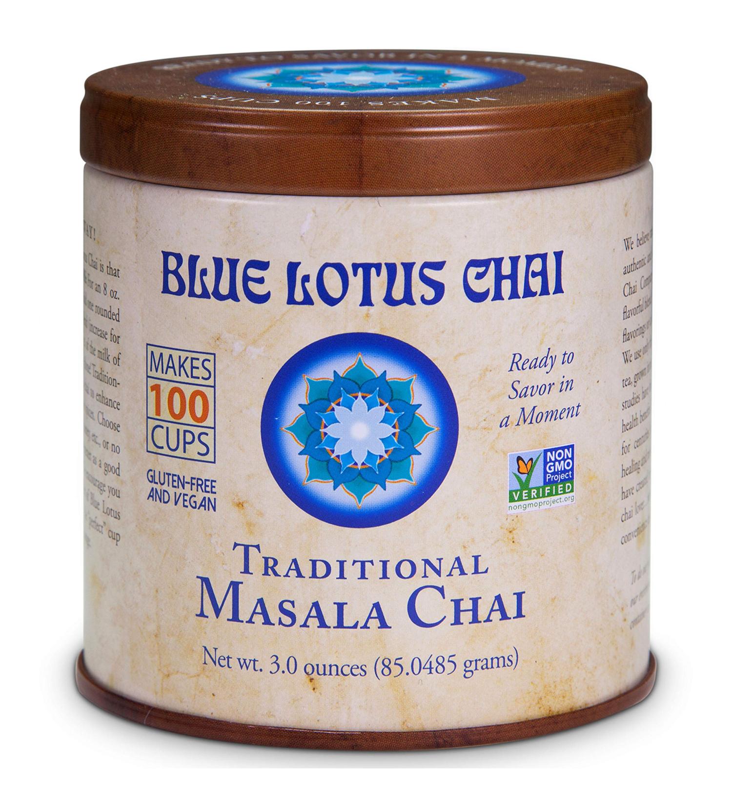 Blue Lotus Chai Traditional Masala Chai - 3 Ounce Powder - Organic Spices - Makes 100 Cups - Gluten-Free - Instant Indian Tea - Buy Online on GoSupps.com
