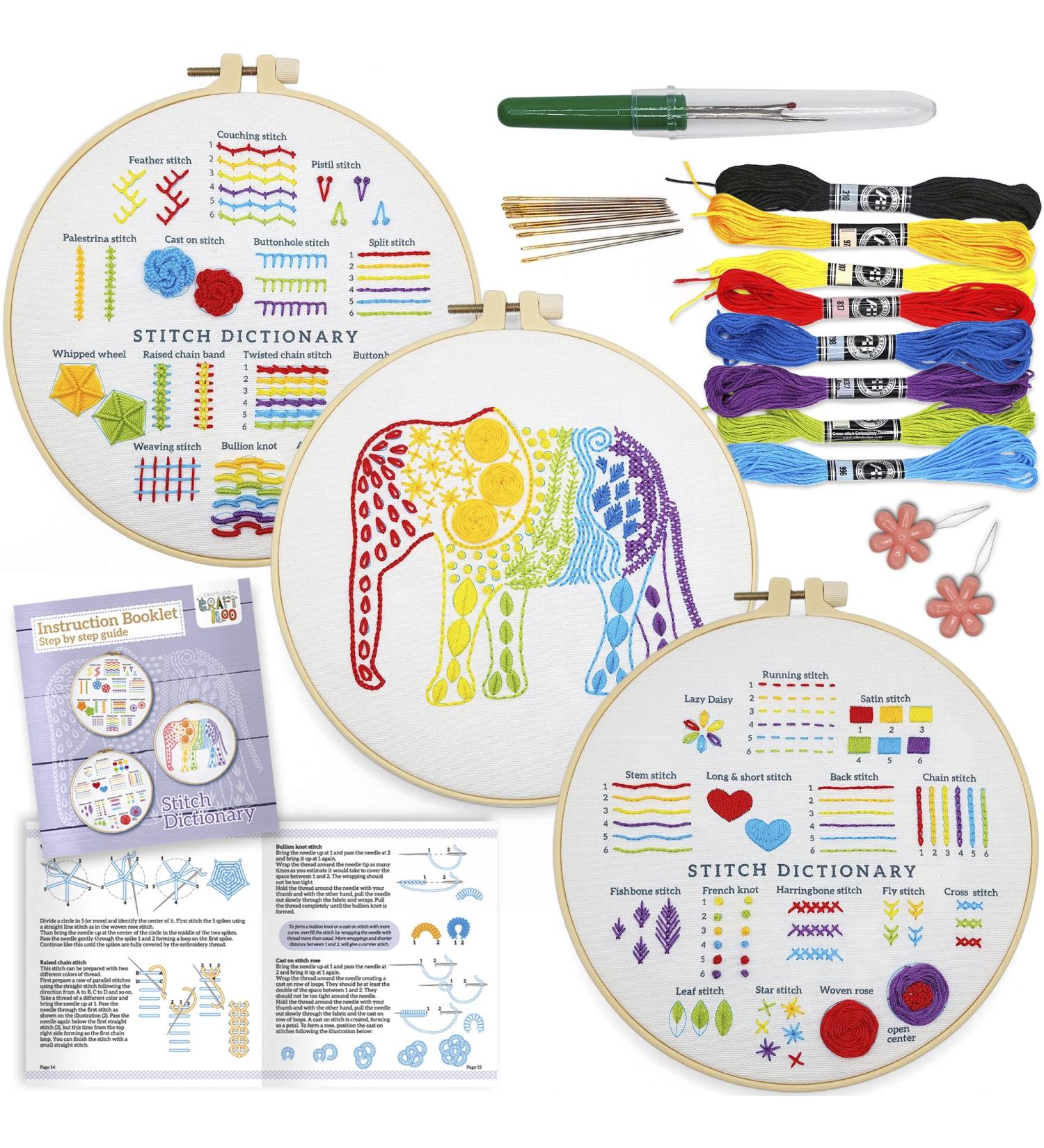 Elephant Embroidery Kit with 30 Stitches - Beginner's Starter Set with Stamped Patterns | Embroidery Kits for Kids & Adults - Buy Online on GoSupps.com