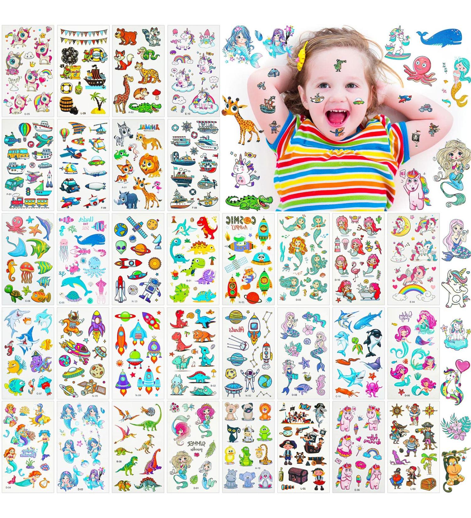 Kids Waterproof Temporary Tattoos - 70 Sheets, 700 Styles Unicorn, Animals, Mermaid, Dinosaur, Car, Space - Safe Water Transfer Fake Tattoo Stickers for Children - Buy Online on GoSupps.com