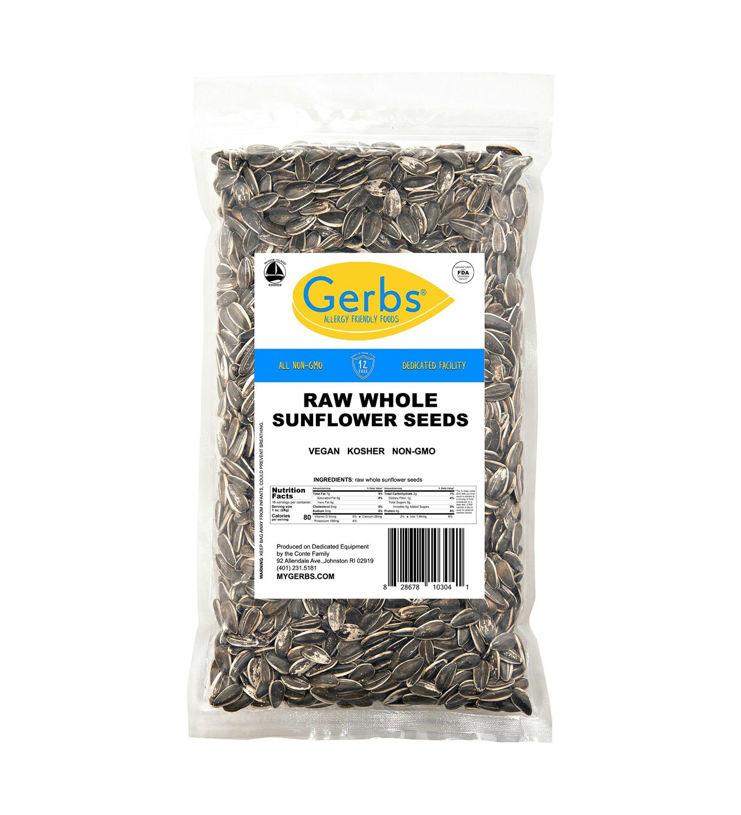 GERBS Raw Whole Sunflower Seed In Shell 1 lb - Top 14 Allergy Free Healthy Superfood Snack - Non GMO, No Oils, Preservatives - Resealable Bag - Gluten, Peanut Free - Vegan, Keto, Kosher - Buy Online on GoSupps.com