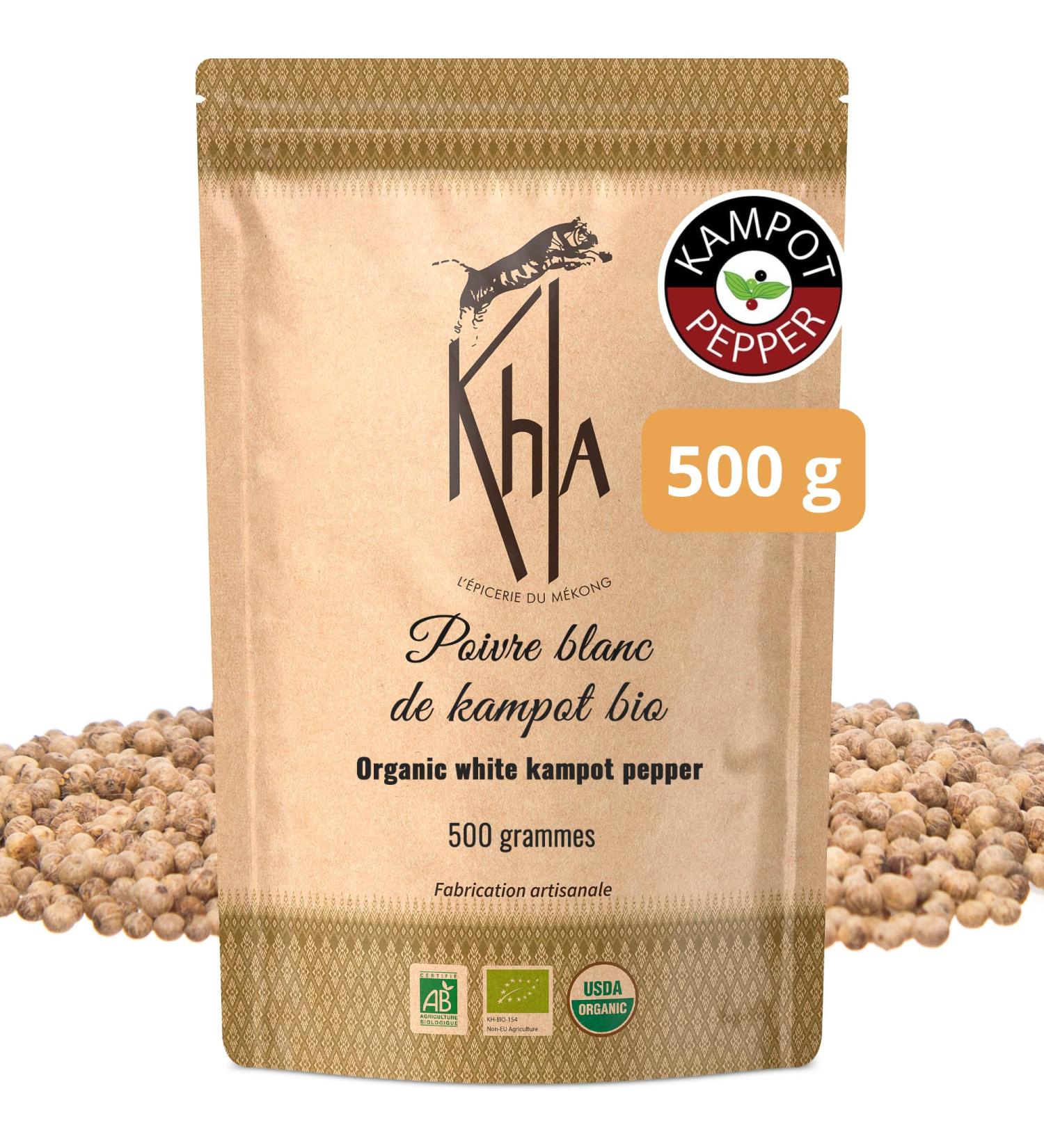 Khla - Organic Kampot White Pepper - Bulk Bag of Peppercorns 500g - Mill Refill - Grand Cru Strong & Powerful - Cooking Ingredient - Direct Producer - Asian Spice - Cambodian Origin - Buy Online on GoSupps.com