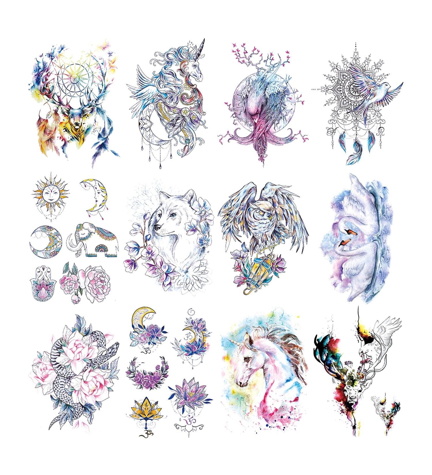 Oottati Fairy Tales Animal Temporary Tattoo Kit - Pink Unicorn Swan Deer Elf Wolf Owl Eagle Elephant Sun Flower Arm - 12 Sheets - Buy Online on GoSupps.com