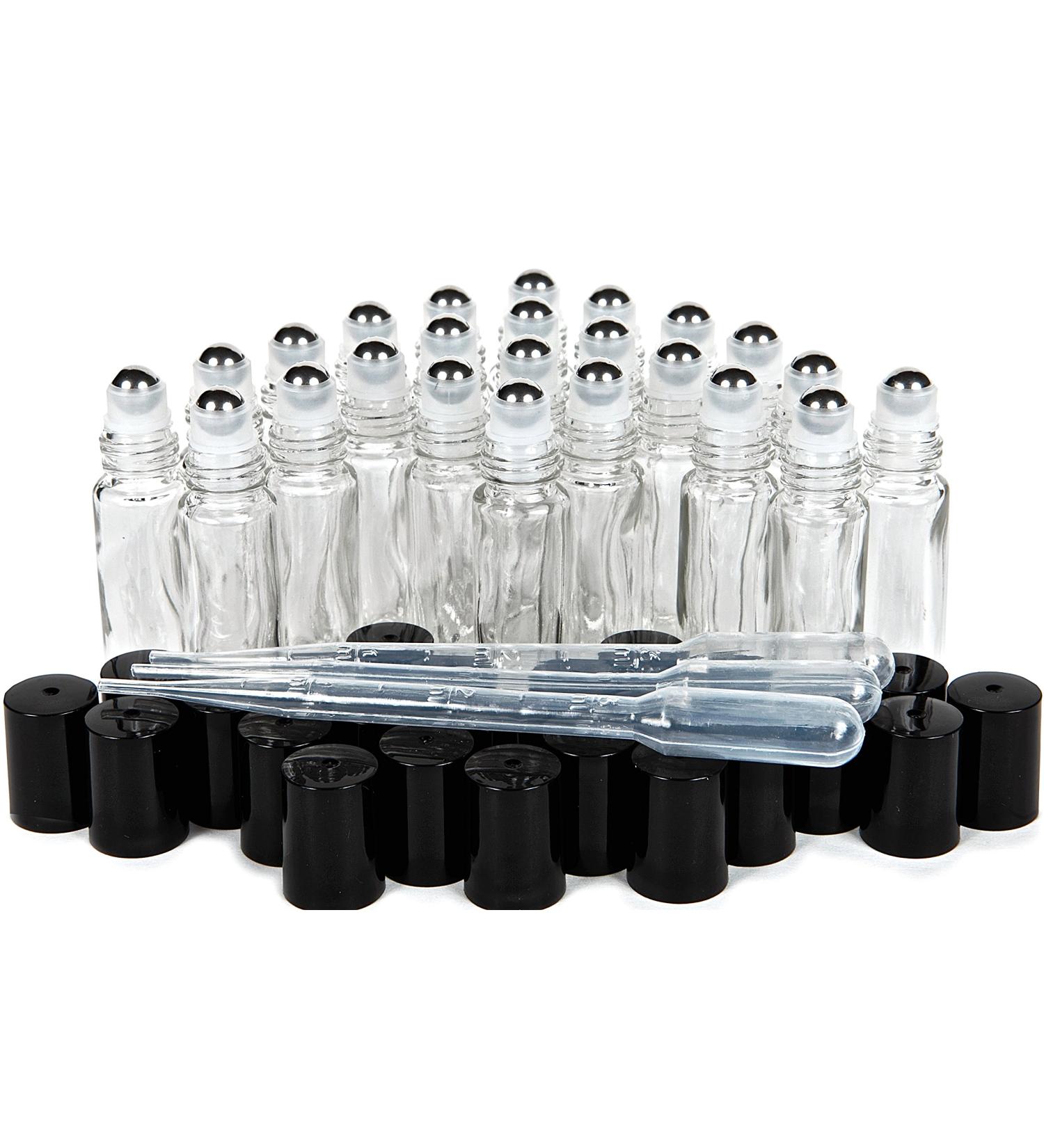 Vivaplex 24 Clear 10ml Glass Roll-on Bottles with Stainless Steel Roller Balls + 3 Droppers - Buy Online on GoSupps.com