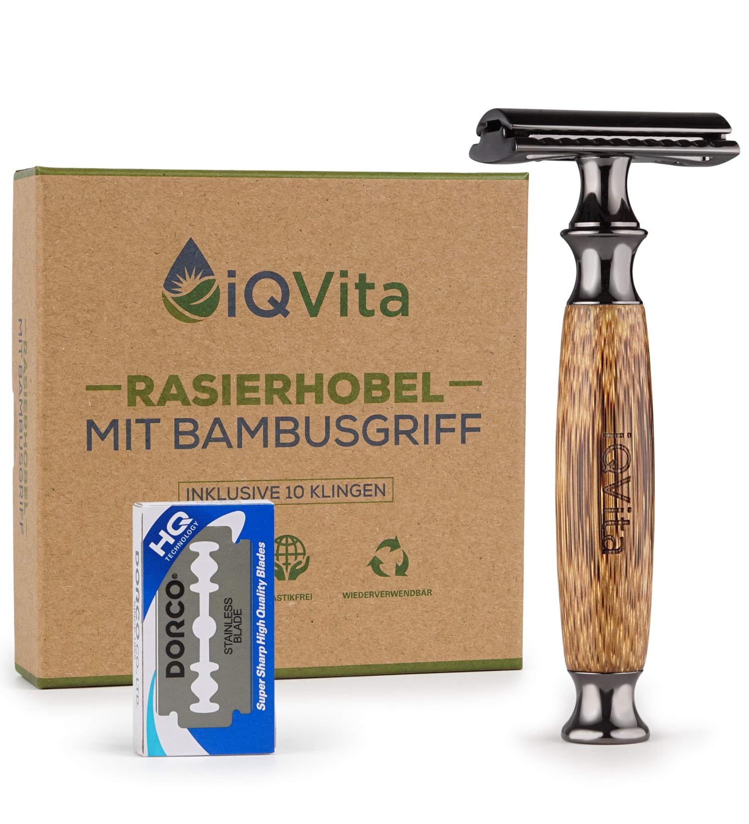 IQVITA Premium Bamboo Razor Plane - Eco-Friendly Wet Razor for Men & Women - Includes 10 Blades & Zero Waste eBook - Buy Online on GoSupps.com