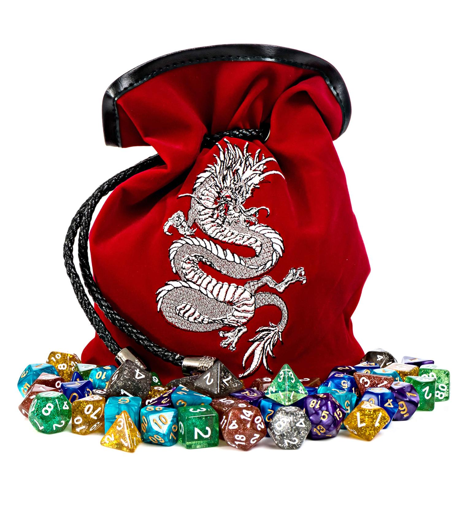 Large Dice Bag with 7 Sets | Dragon DND Dice Bag & 49 Polyhedral Dice | Red Bag with Pockets - Buy Online on GoSupps.com