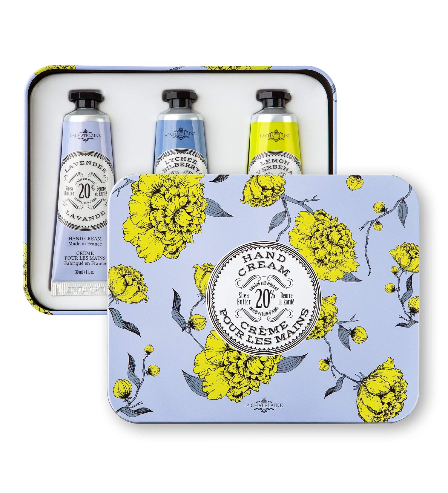 La Chatelaine Lavender Hand Cream Trio Gift Tin - 3 x 1 fl. oz | Plant-Based & Made in France | Graduation & Teacher Gift | 20% Organic Shea Butter & Argan Oil | Ready-to-Gift Tin - Buy Online on GoSupps.com