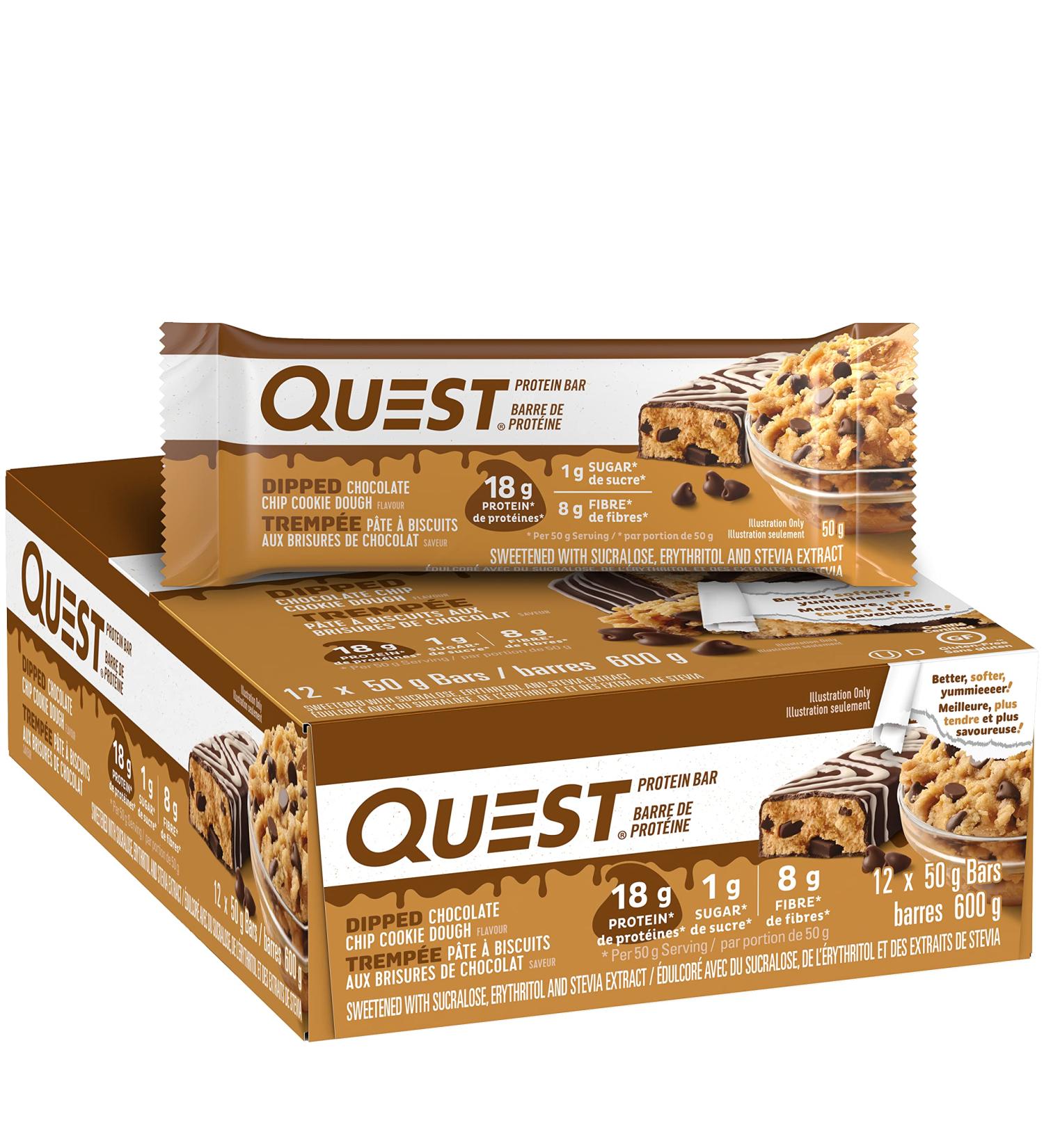 Quest Nutrition Dipped Chocolate Chip Cookie Dough Protein Bar High Protein High Fibre Low Sugar Low Carb Keto Friendly 21g Protein 1g Sugar 12ct - Buy Online on GoSupps.com