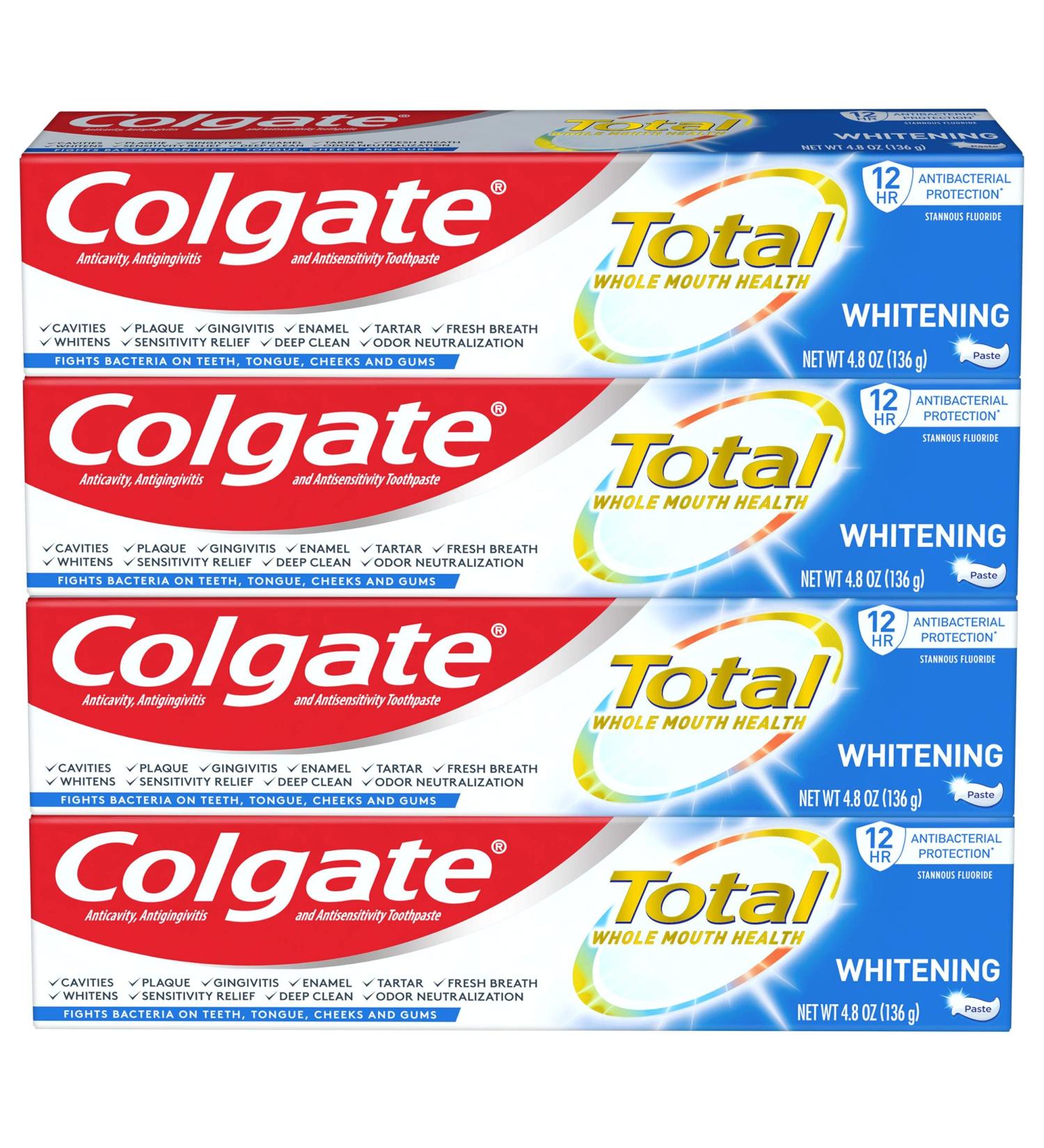 Colgate Total Whitening Toothpaste with Stannous Fluoride & Zinc - Exclusive Whitening Mint (4.8 oz, Pack of 4) - Buy Online on GoSupps.com