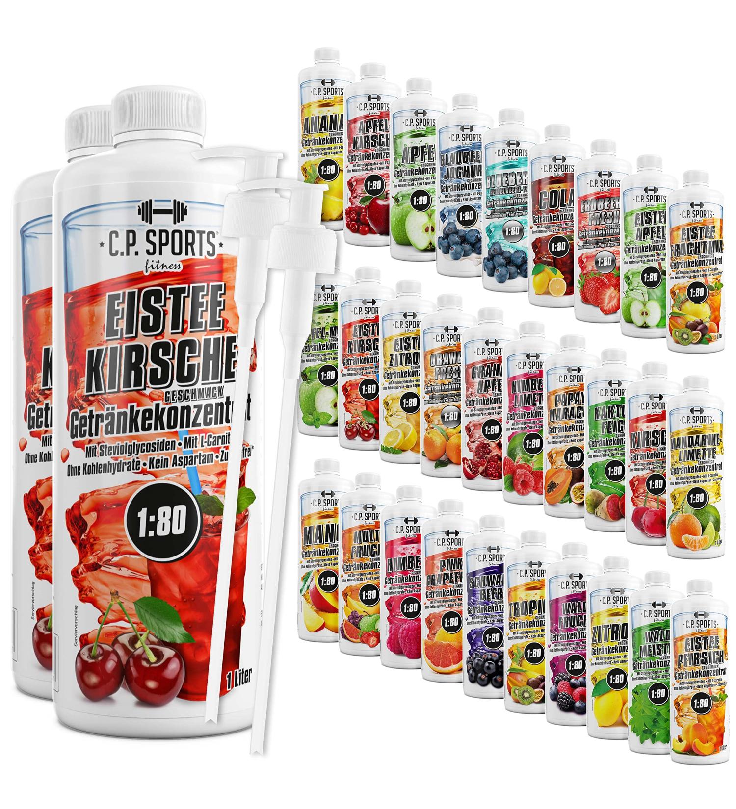 C.P.Sports Sugar-Free Iced Cherry Beverage Syrup - 2L + 2 Pump Dispenser | Vitamin-Packed Mineral Drink Concentrate for Mixing with Water - 2 Pack - Buy Online on GoSupps.com