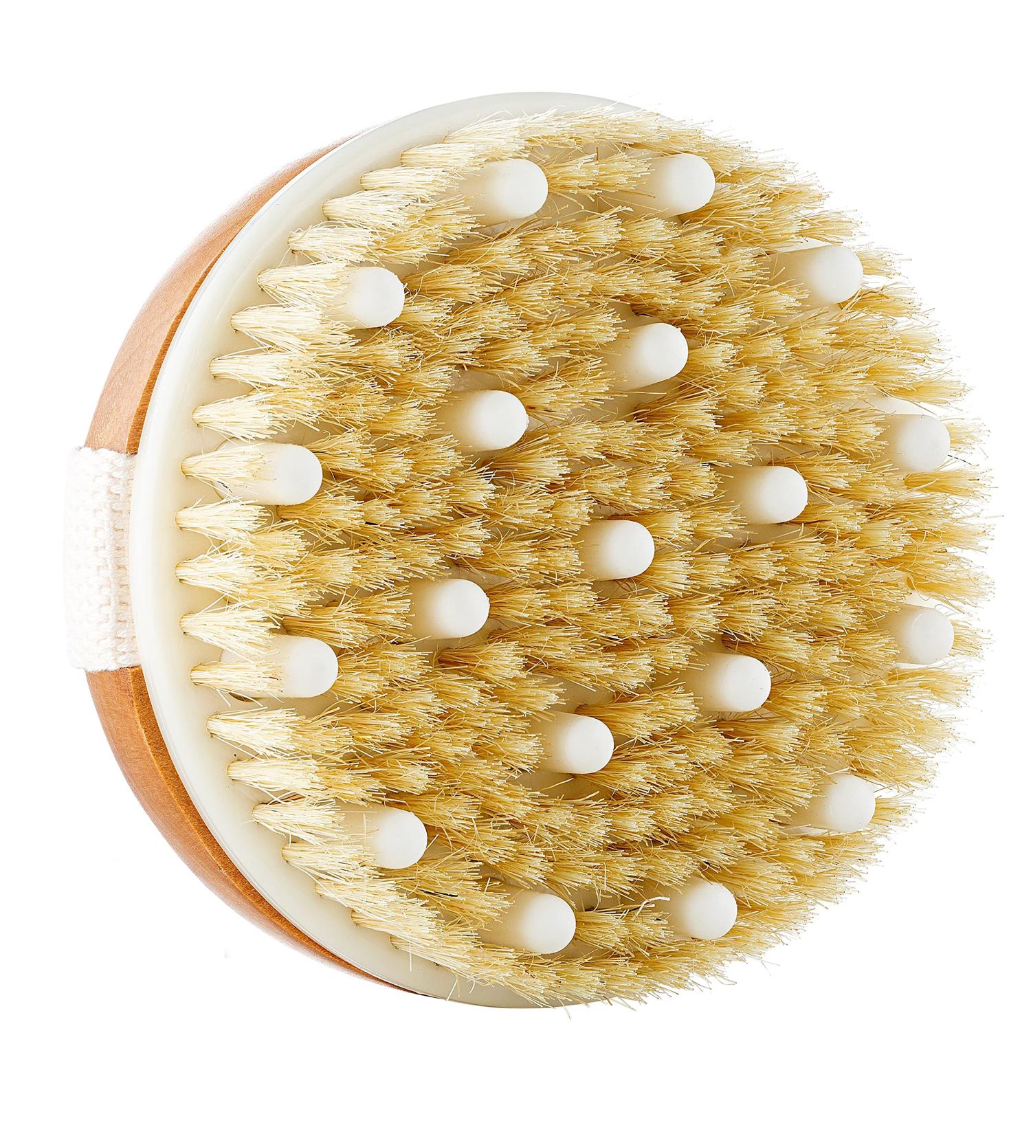Natural Bristle Dry Skin Body Brush with Adjustable Strap and Massage Nodes - Exfoliates, Removes Cellulite, and Improves Lymphatic Functions - Buy Online on GoSupps.com