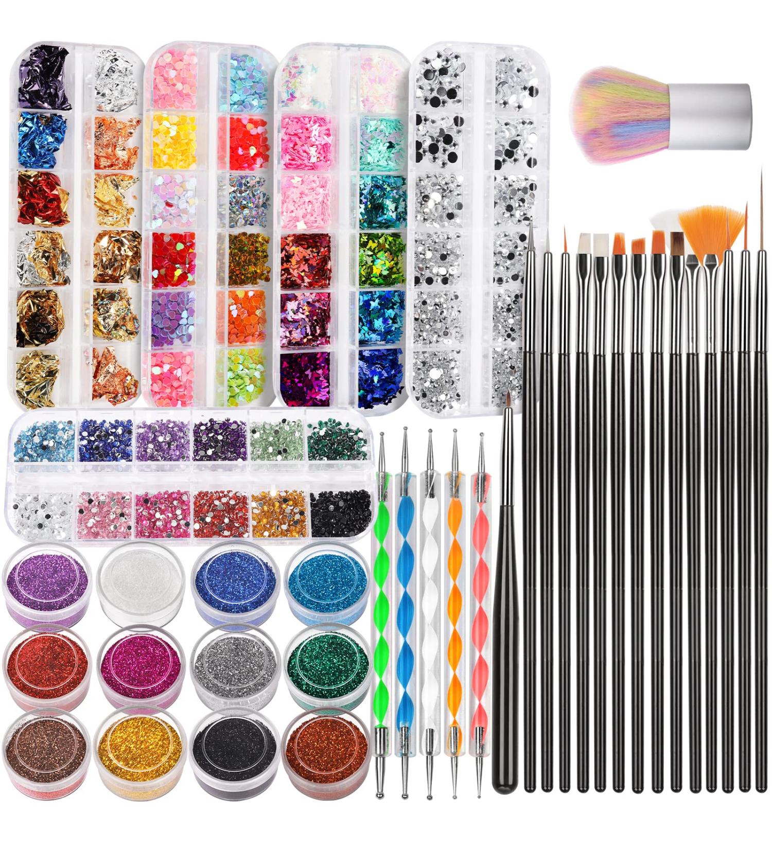 Nail Art Brush and Design Tools Kit - FANDAMEI Nail Brushes, Dotting Tools, Glitter, Butterfly, Heart Sequins, Foil Flakes, Rhinestones - Black - Buy Online on GoSupps.com