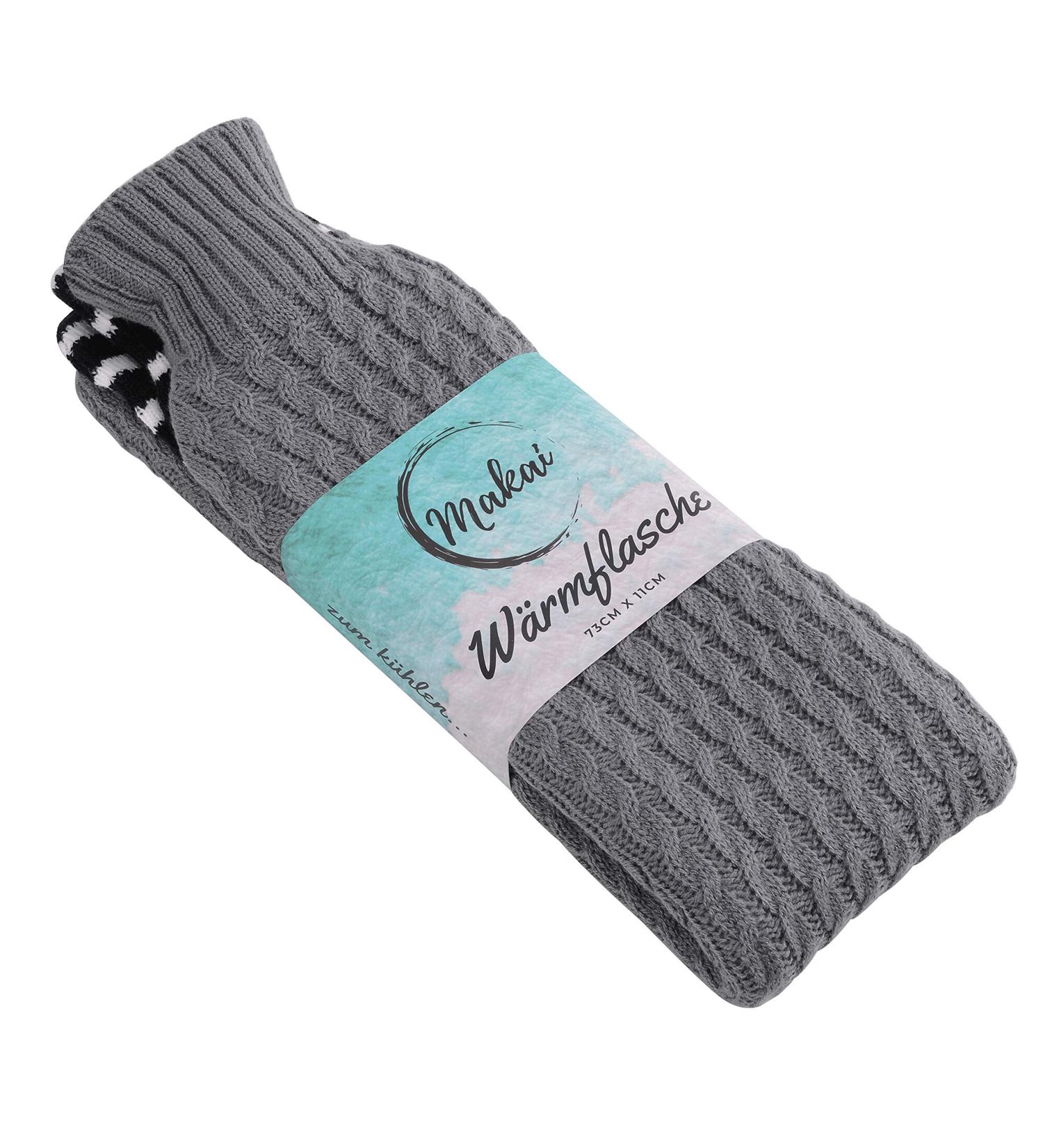 Makai Premium Hot Water Bottle - Extra Long Hose & Cozy Knitting Cover - 2L Warming Pillow for Belly Feet Back & Neck - 2023 German Brand with Free Alternating Cover - International Shipping Available - Buy Online on GoSupps.com