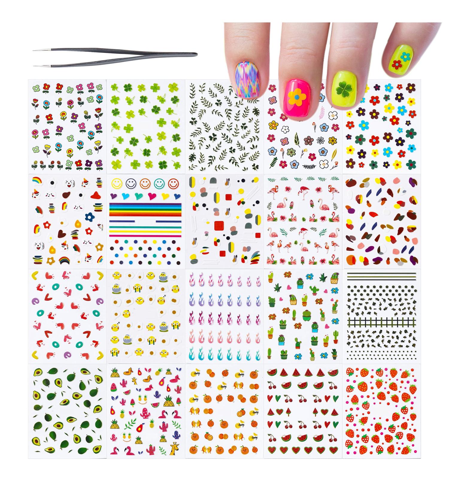 20 Sheets Nail Stickers for Younger Girls + 1 Tweezers | Self-Adhesive Designer Decals with Flowers, Fruits, Animals | Nail Salon/Home Use - 6.2*7.5cm - Buy Online on GoSupps.com
