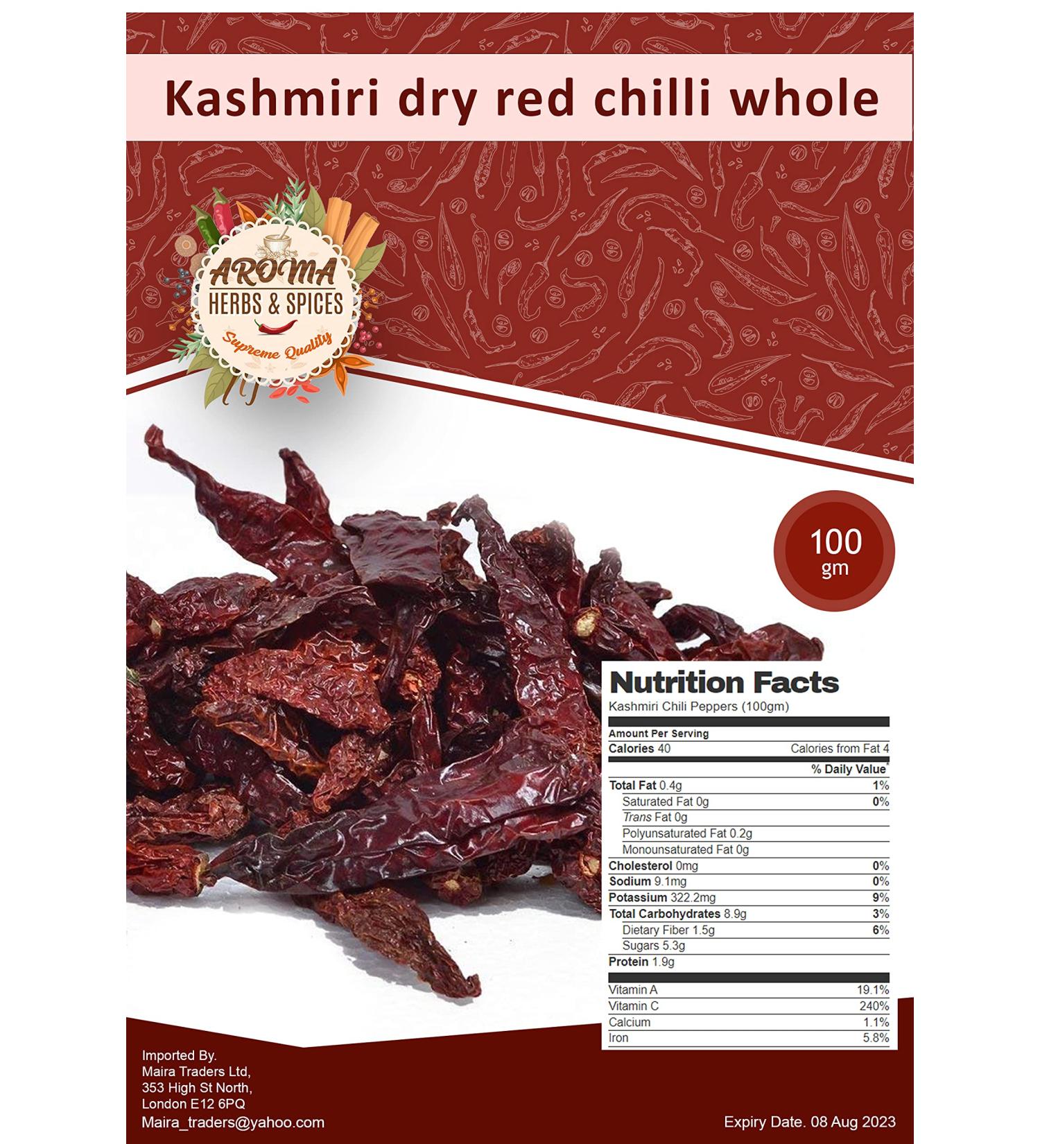 Red Kashmiri Chilli Whole 100g - Authentic Dried Crinkled Chillies - Buy Online on GoSupps.com